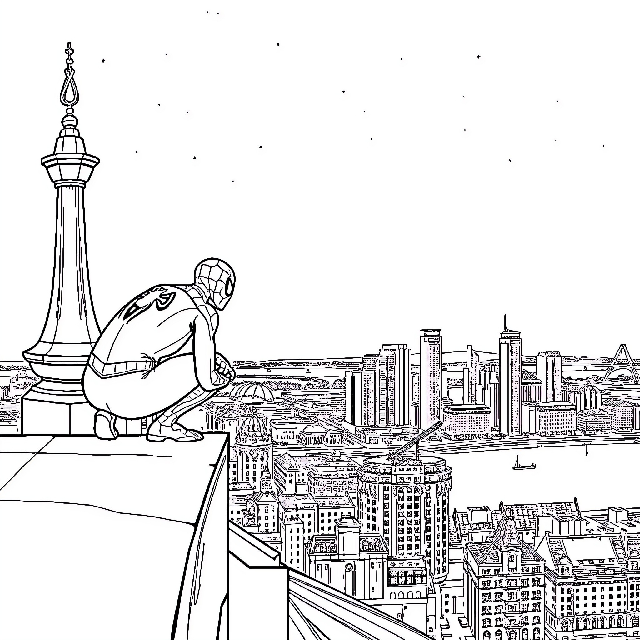 Spiderman overlooking the city skyline Coloring Page (free black-and-white line drawing printable PDF for all, from beginners to advanced learners, including children, teens, adults, and seniors)