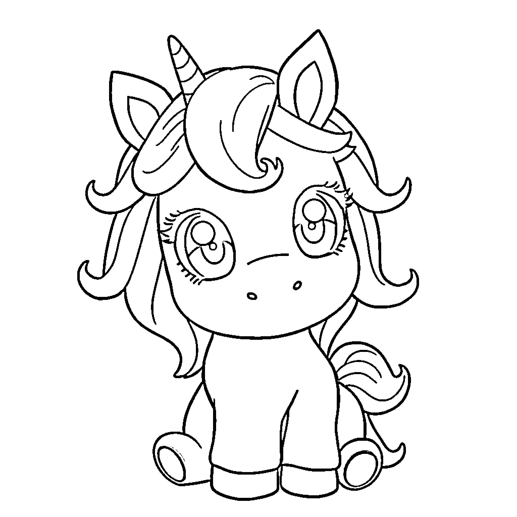 Unicorn sitting with big eyes and expression Coloring Page (free black-and-white line drawing printable PDF for all, from beginners to advanced learners, including children, teens, adults, and seniors)
