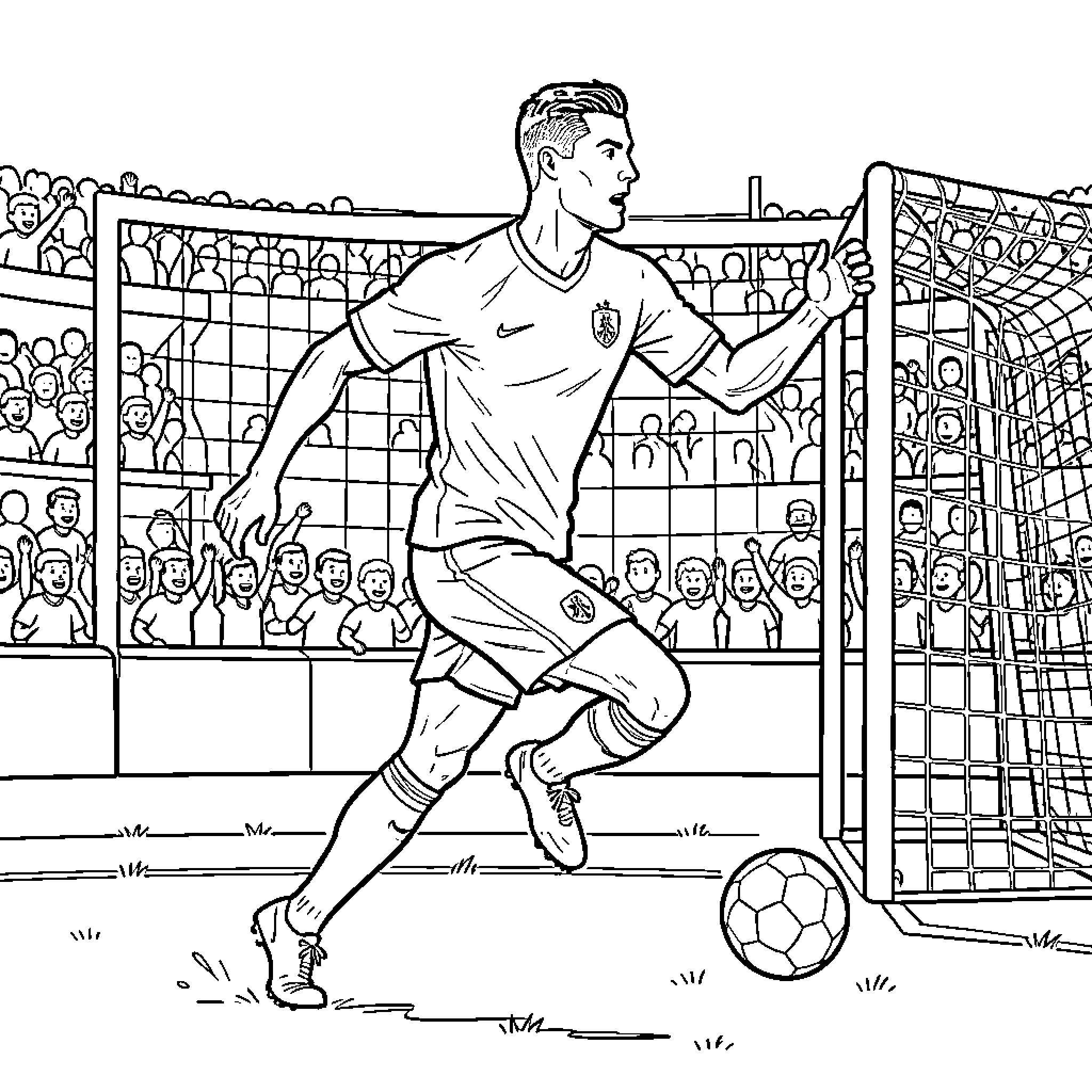 Cristiano Ronaldo celebrating a goal in front of a crowd Coloring Page (free black-and-white line drawing printable PDF for all, from beginners to advanced learners, including children, teens, adults, and seniors)