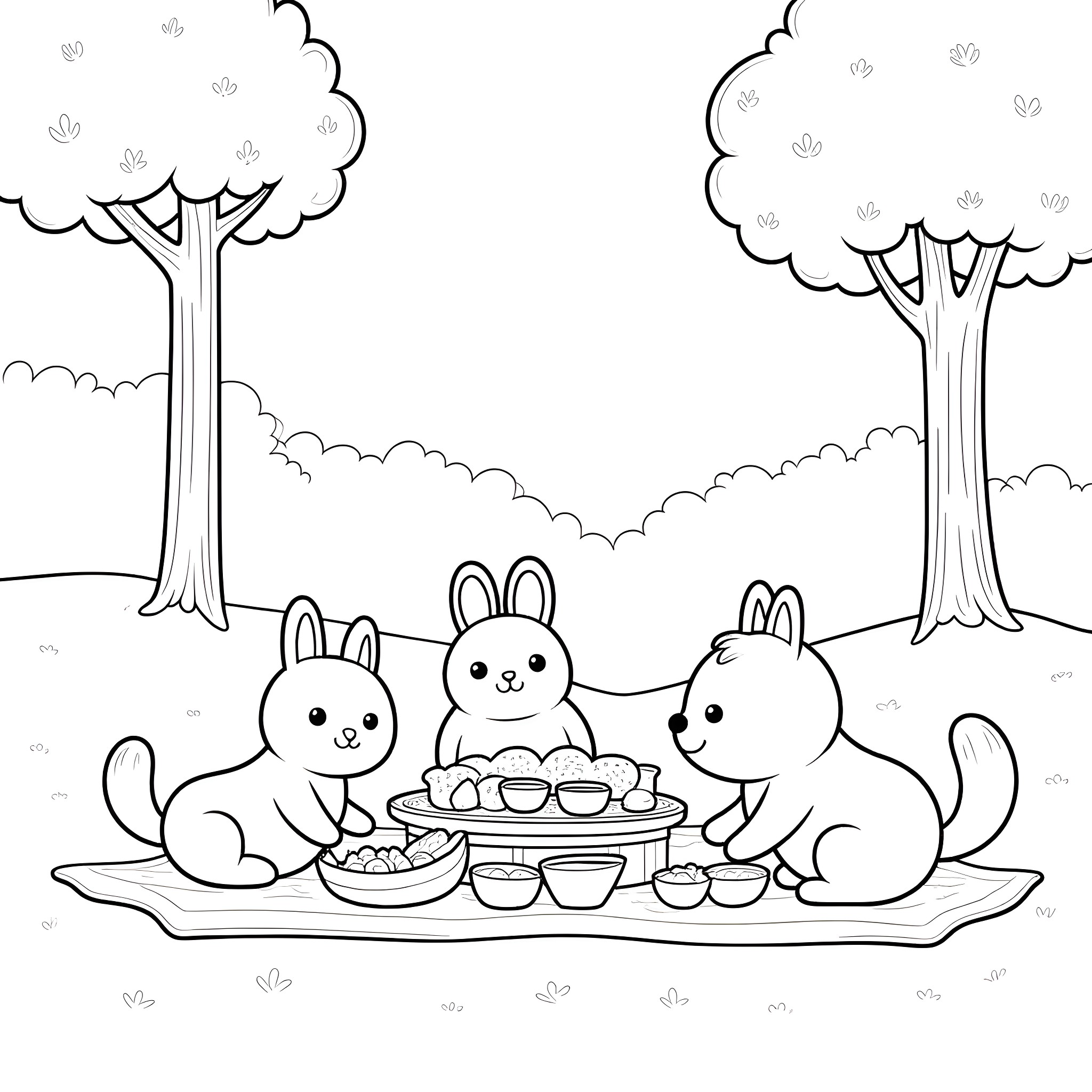 Animal Bunnies having a picnic in the forest Coloring Page (free black-and-white line drawing printable PDF for all, from beginners to advanced learners, including children, teens, adults, and seniors)