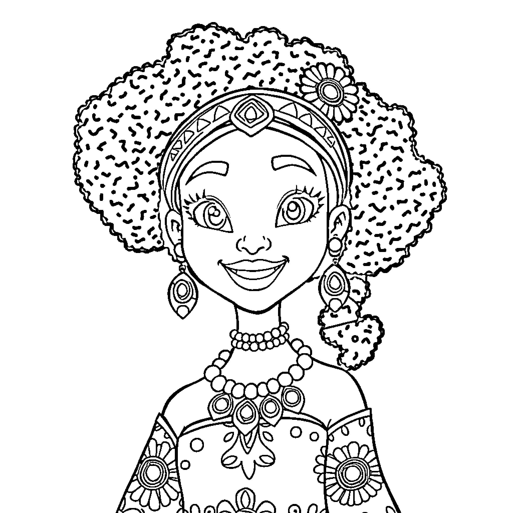 Princess with Ornate Headpiece and Floral Attire Coloring Page (free black-and-white line drawing printable PDF for all, from beginners to advanced learners, including children, teens, adults, and seniors)