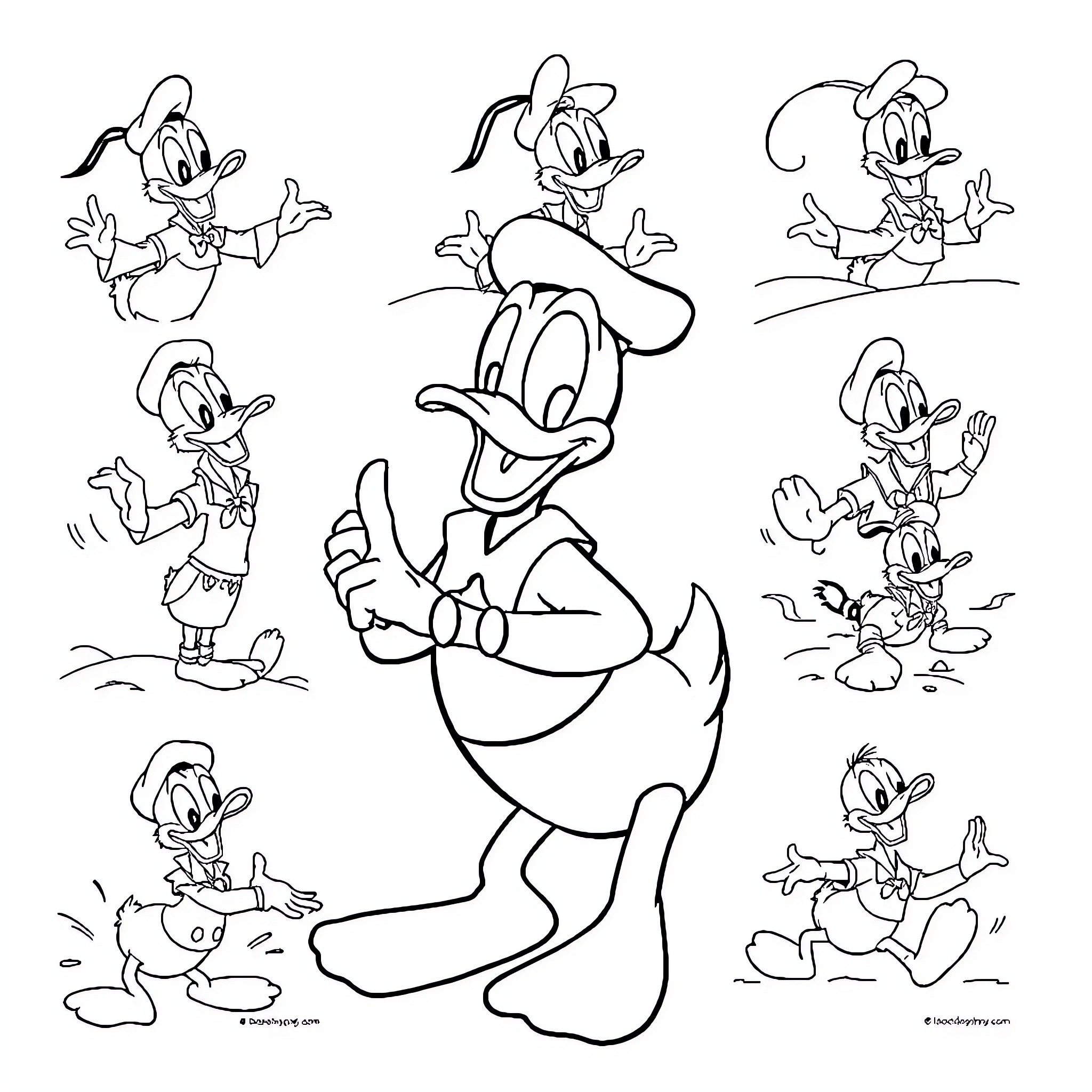 Donald Duck in Playful Poses and Expressions Coloring Page (free black-and-white line drawing printable PDF for all, from beginners to advanced learners, including children, teens, adults, and seniors)