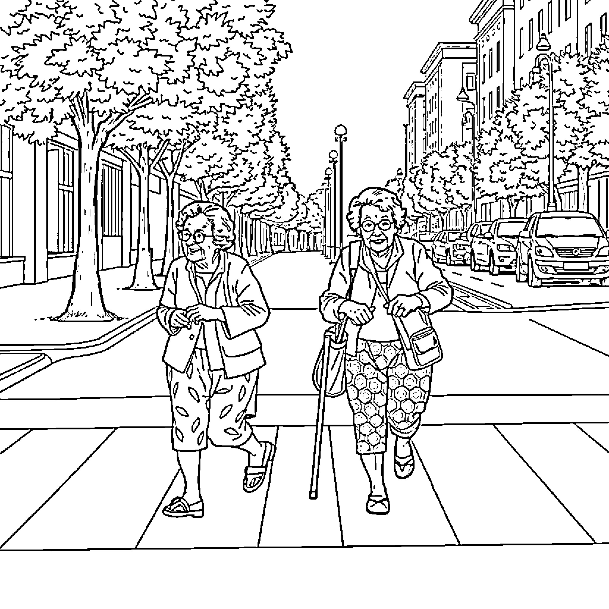 Grandmother and Friend Strolling Down City Street Coloring Page (free black-and-white line drawing printable PDF for all, from beginners to advanced learners, including children, teens, adults, and seniors)
