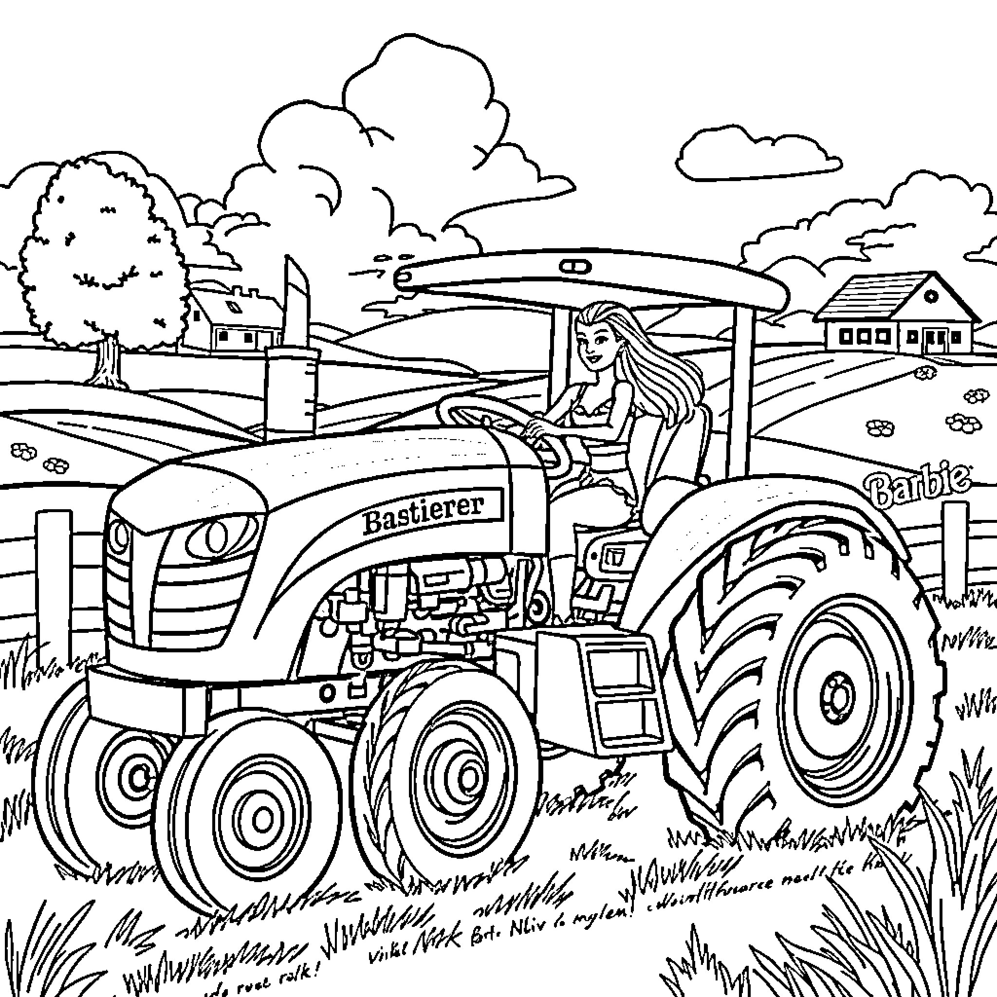 Barbie driving a tractor on the farm Coloring Page (free black-and-white line drawing printable PDF for all, from beginners to advanced learners, including children, teens, adults, and seniors)