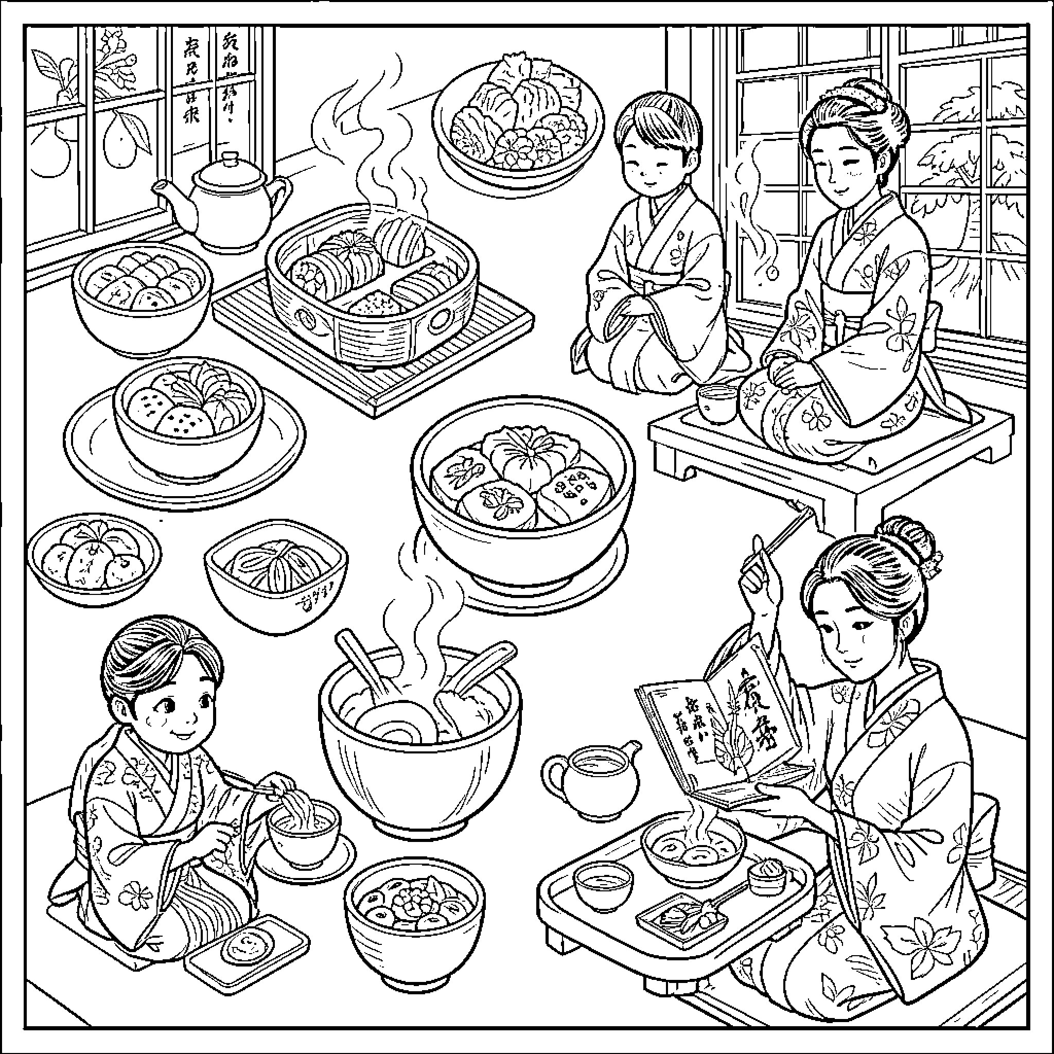Japanese family enjoying a traditional meal together Coloring Page (free black-and-white line drawing printable PDF for all, from beginners to advanced learners, including children, teens, adults, and seniors)