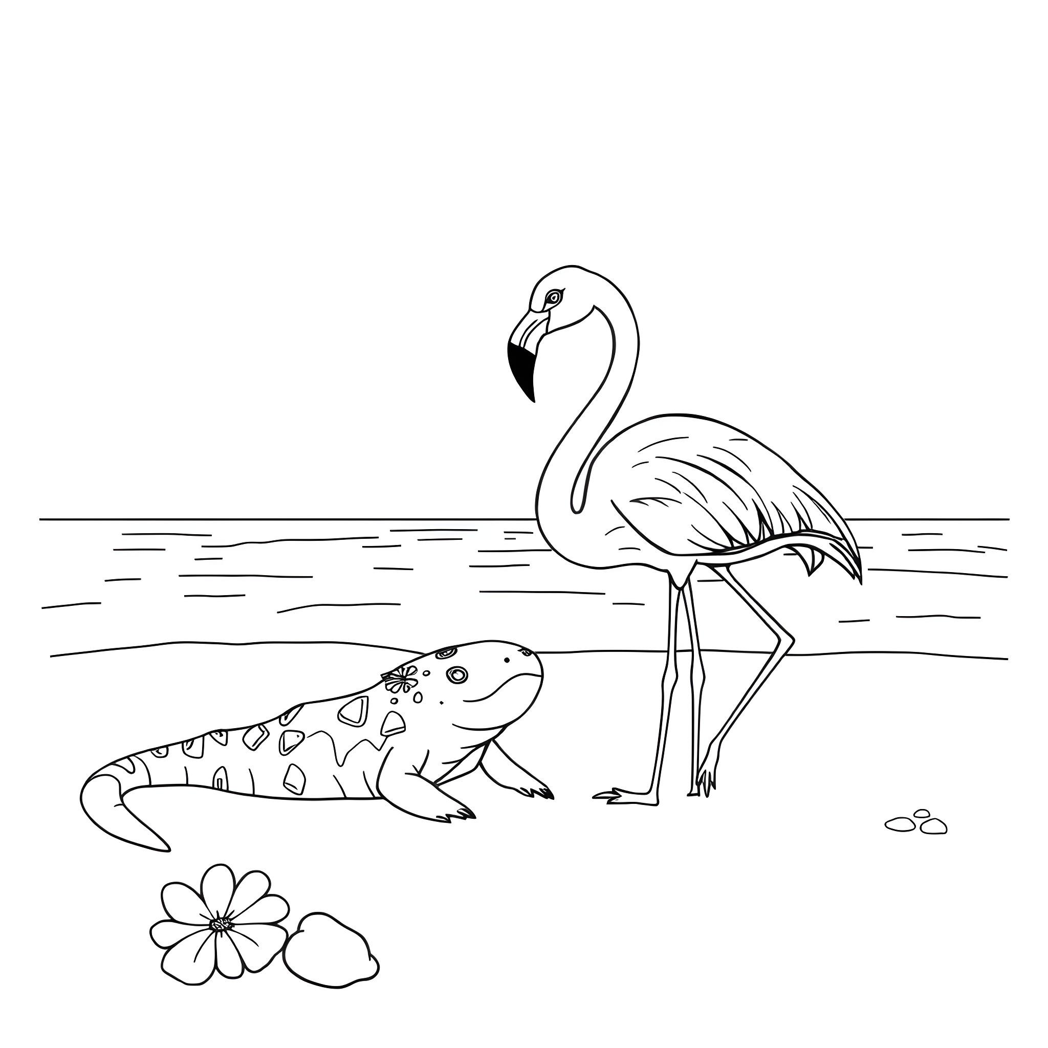 Axolotl and Flamingo in Scenic Nature Coloring Page (free black-and-white line drawing printable PDF for all, from beginners to advanced learners, including children, teens, adults, and seniors)