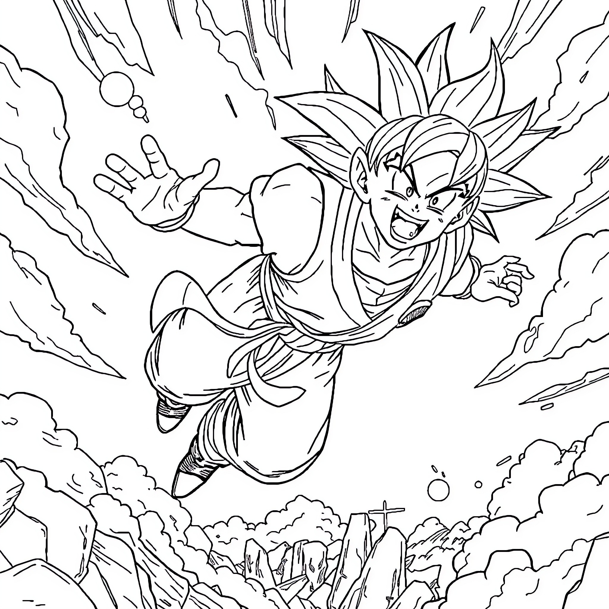 Dragon Ball Character in Intense Action Pose Coloring Page (free black-and-white line drawing printable PDF for all, from beginners to advanced learners, including children, teens, adults, and seniors)
