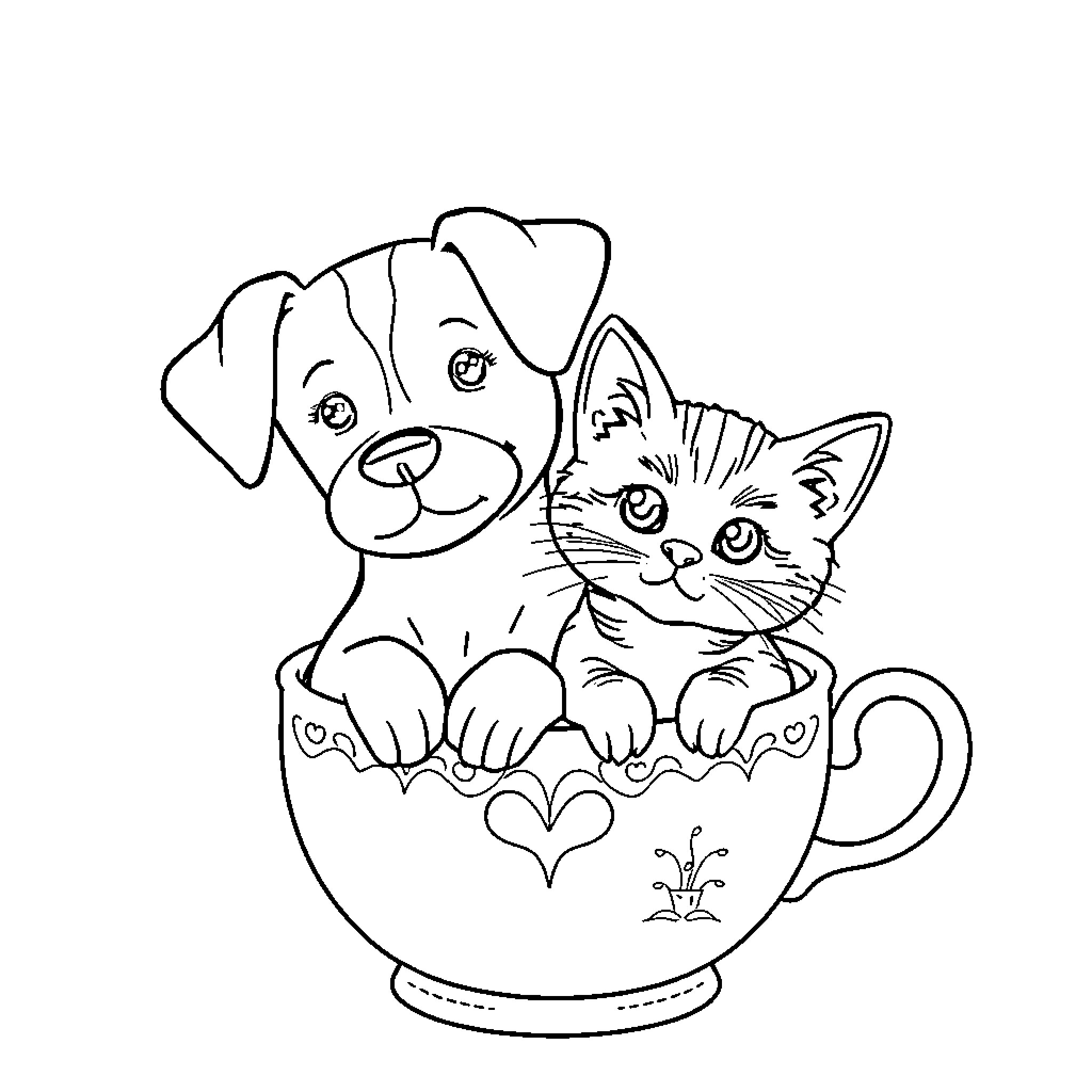 Dog and Cat in a Teacup Coloring Page (free black-and-white line drawing printable PDF for all, from beginners to advanced learners, including children, teens, adults, and seniors)