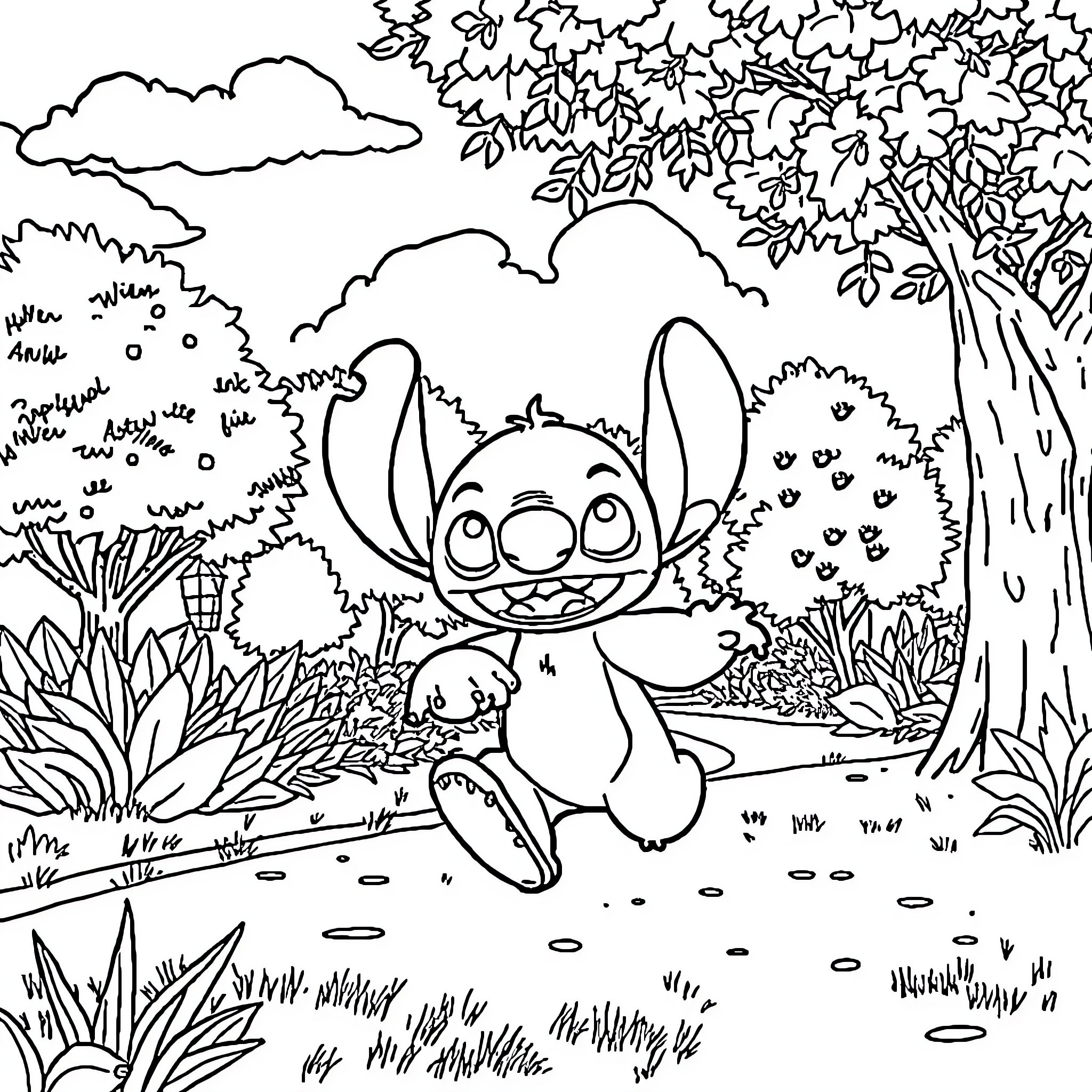 Stitch exploring a lush forest environment Coloring Page (free black-and-white line drawing printable PDF for all, from beginners to advanced learners, including children, teens, adults, and seniors)