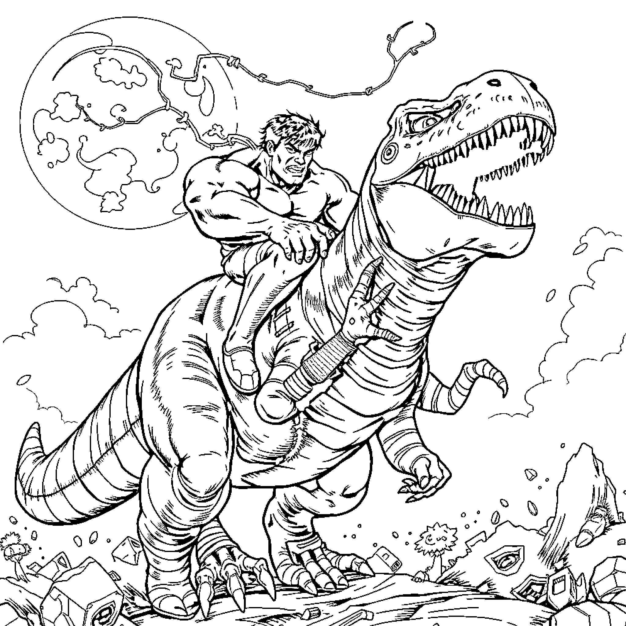 Hulk riding a ferocious T-Rex through a devastated landscape Coloring Page (free black-and-white line drawing printable PDF for all, from beginners to advanced learners, including children, teens, adults, and seniors)