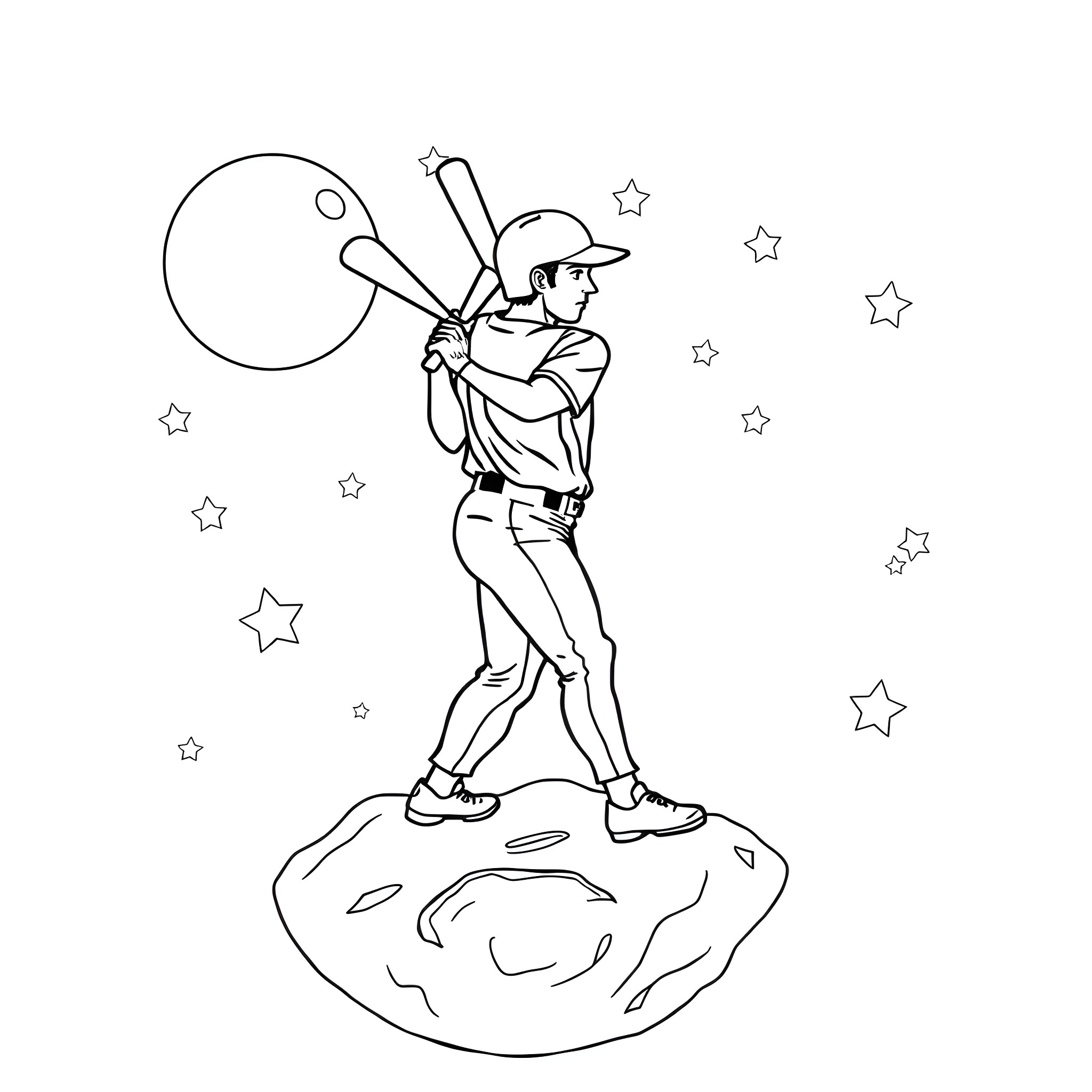 Baseball Player Hitting Home Run Under Starry Night Coloring Page (free black-and-white line drawing printable PDF for all, from beginners to advanced learners, including children, teens, adults, and seniors)