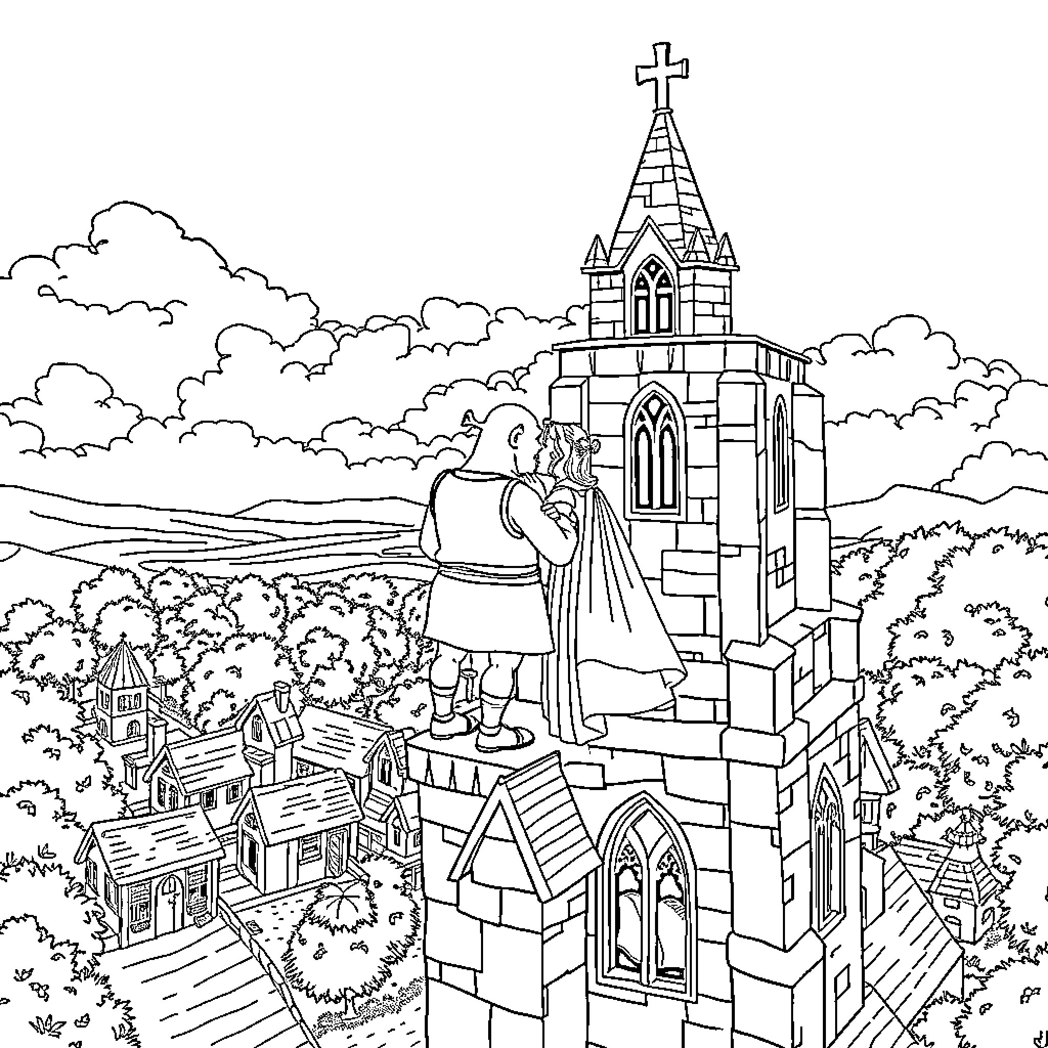 Shrek and Fiona admiring the castle in the distance Coloring Page (free black-and-white line drawing printable PDF for all, from beginners to advanced learners, including children, teens, adults, and seniors)