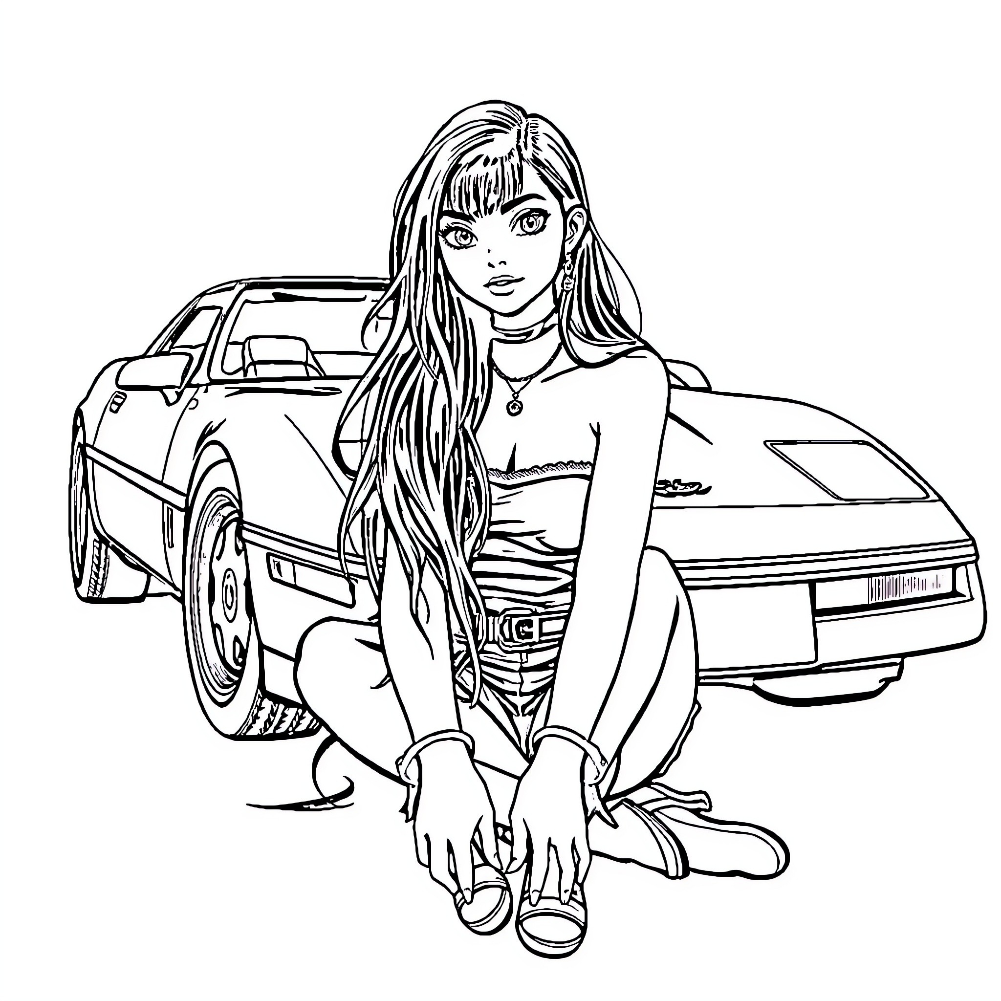 Girl in stylish outfit posing with sports car Coloring Page (free black-and-white line drawing printable PDF for all, from beginners to advanced learners, including children, teens, adults, and seniors)