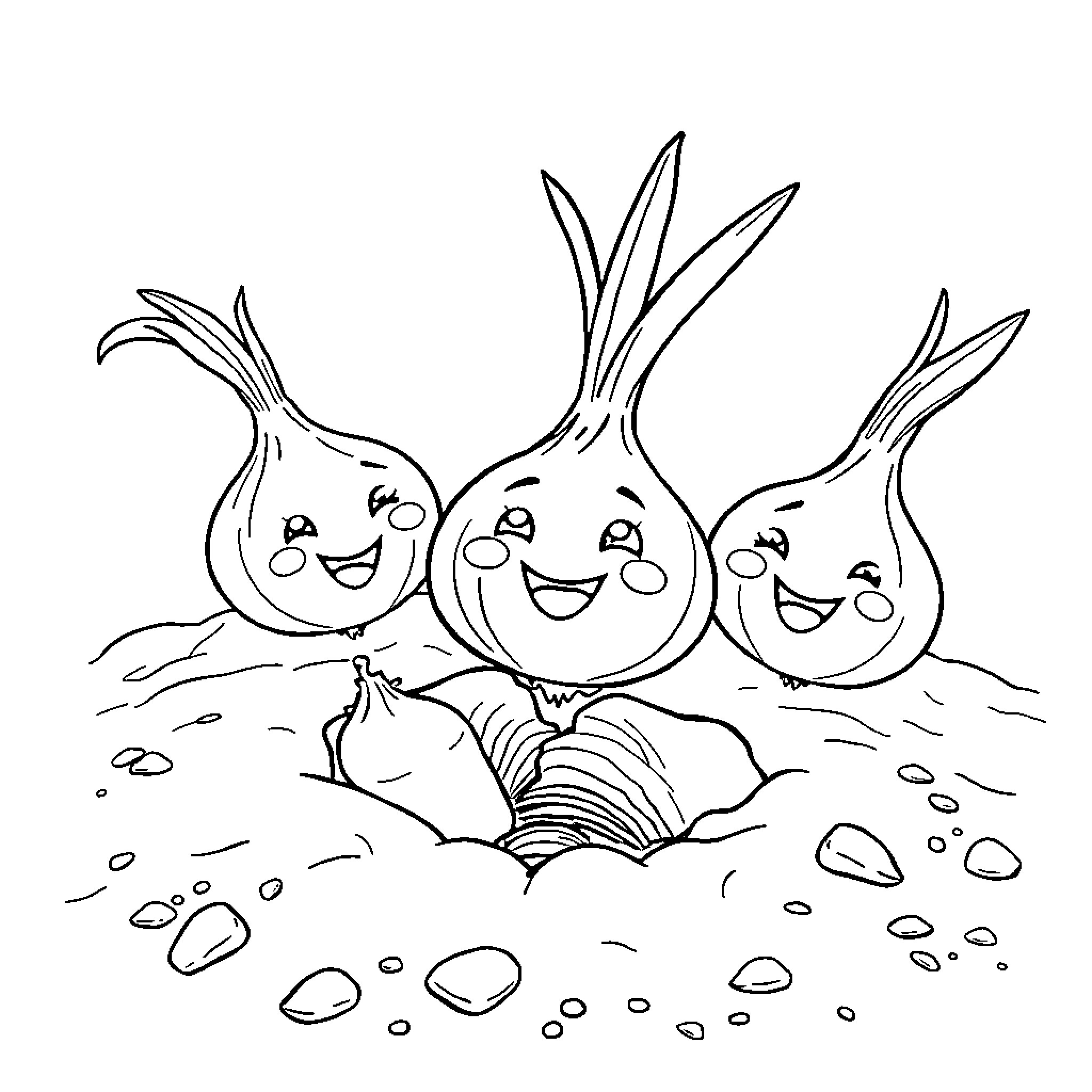 Onion friends enjoying a playful gathering Coloring Page (free black-and-white line drawing printable PDF for all, from beginners to advanced learners, including children, teens, adults, and seniors)