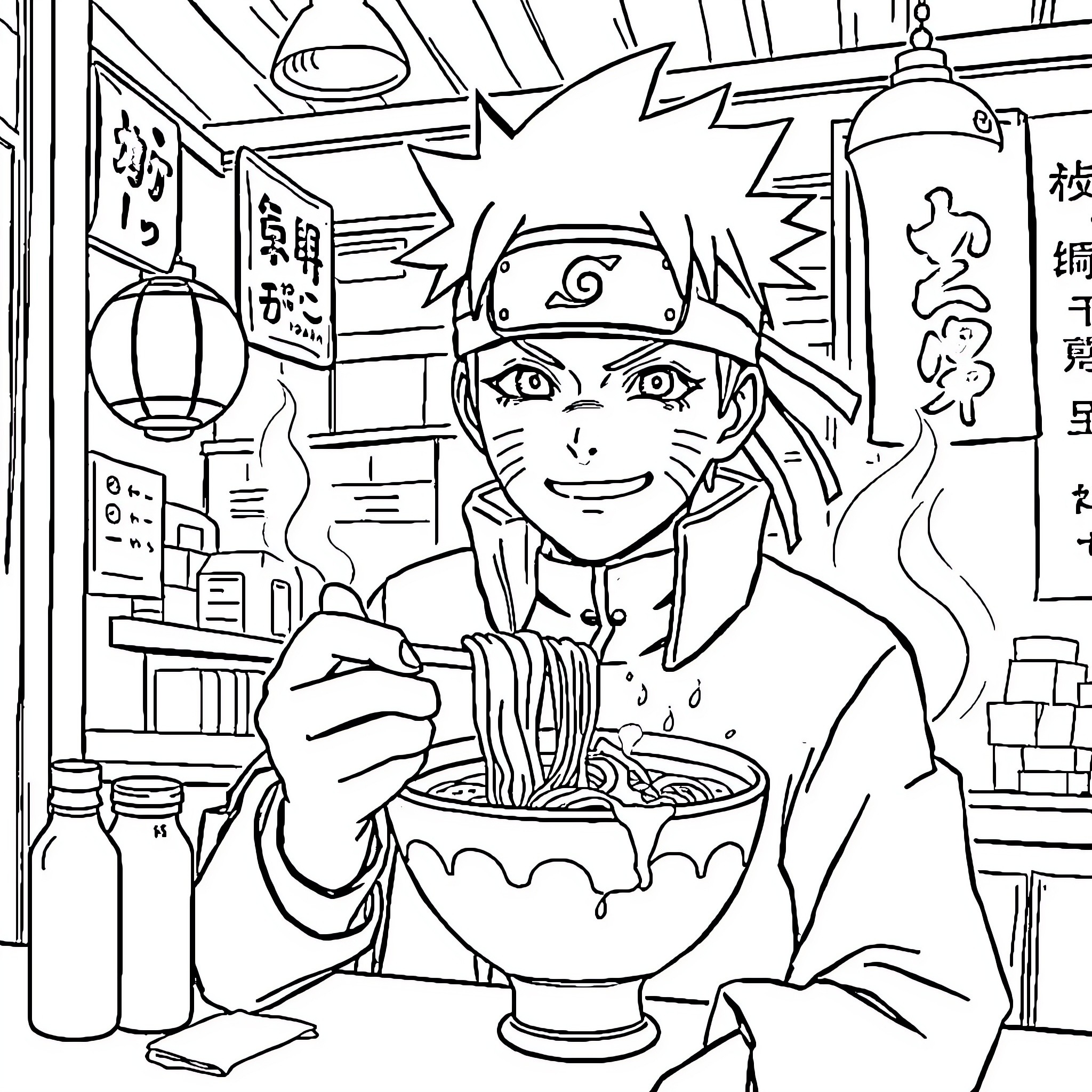 Naruto Enjoying Ramen in a Cozy Noodle Shop Coloring Page (free black-and-white line drawing printable PDF for all, from beginners to advanced learners, including children, teens, adults, and seniors)