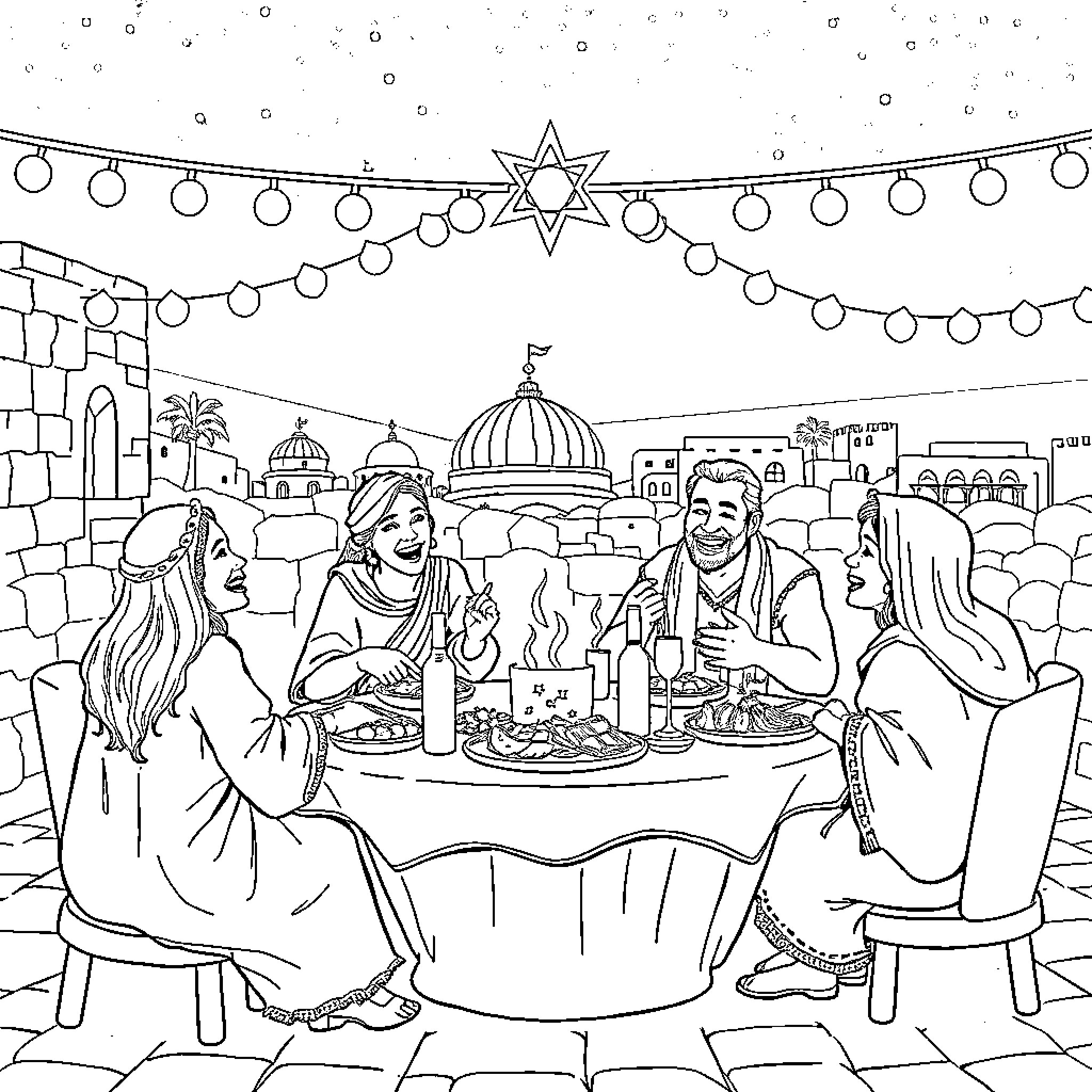 Family gathering in festive city celebration Coloring Page (free black-and-white line drawing printable PDF for all, from beginners to advanced learners, including children, teens, adults, and seniors)