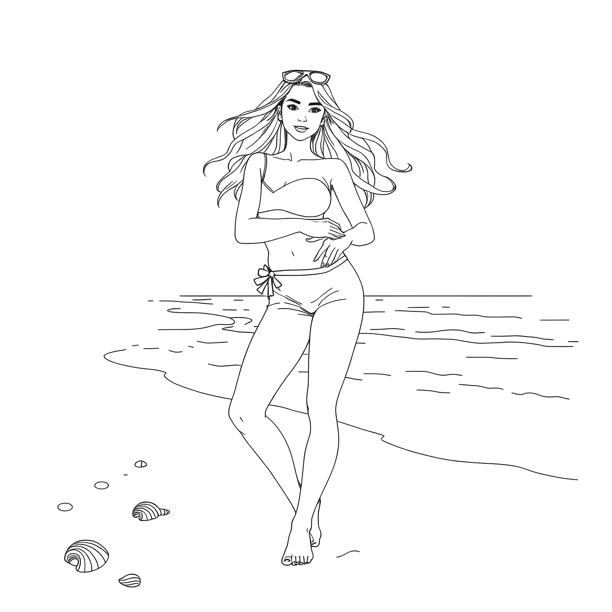 Girl enjoying summer day at the beach Coloring Page (free black-and-white line drawing printable PDF for all, from beginners to advanced learners, including children, teens, adults, and seniors)