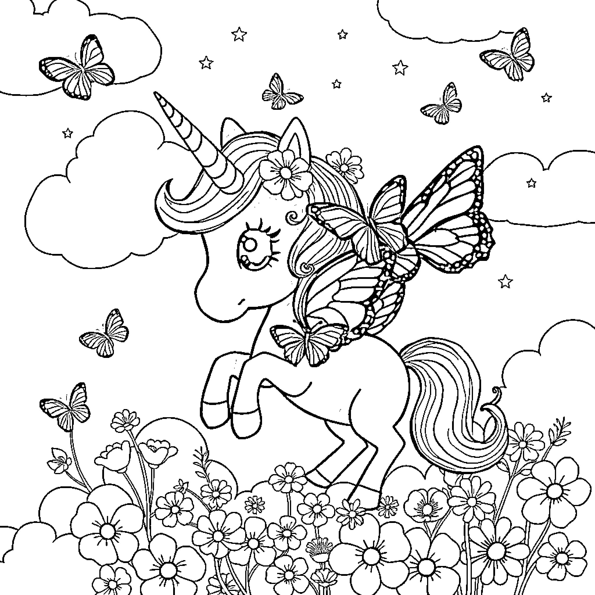 Unicorn surrounded by butterflies in a floral field Coloring Page (free black-and-white line drawing printable PDF for all, from beginners to advanced learners, including children, teens, adults, and seniors)