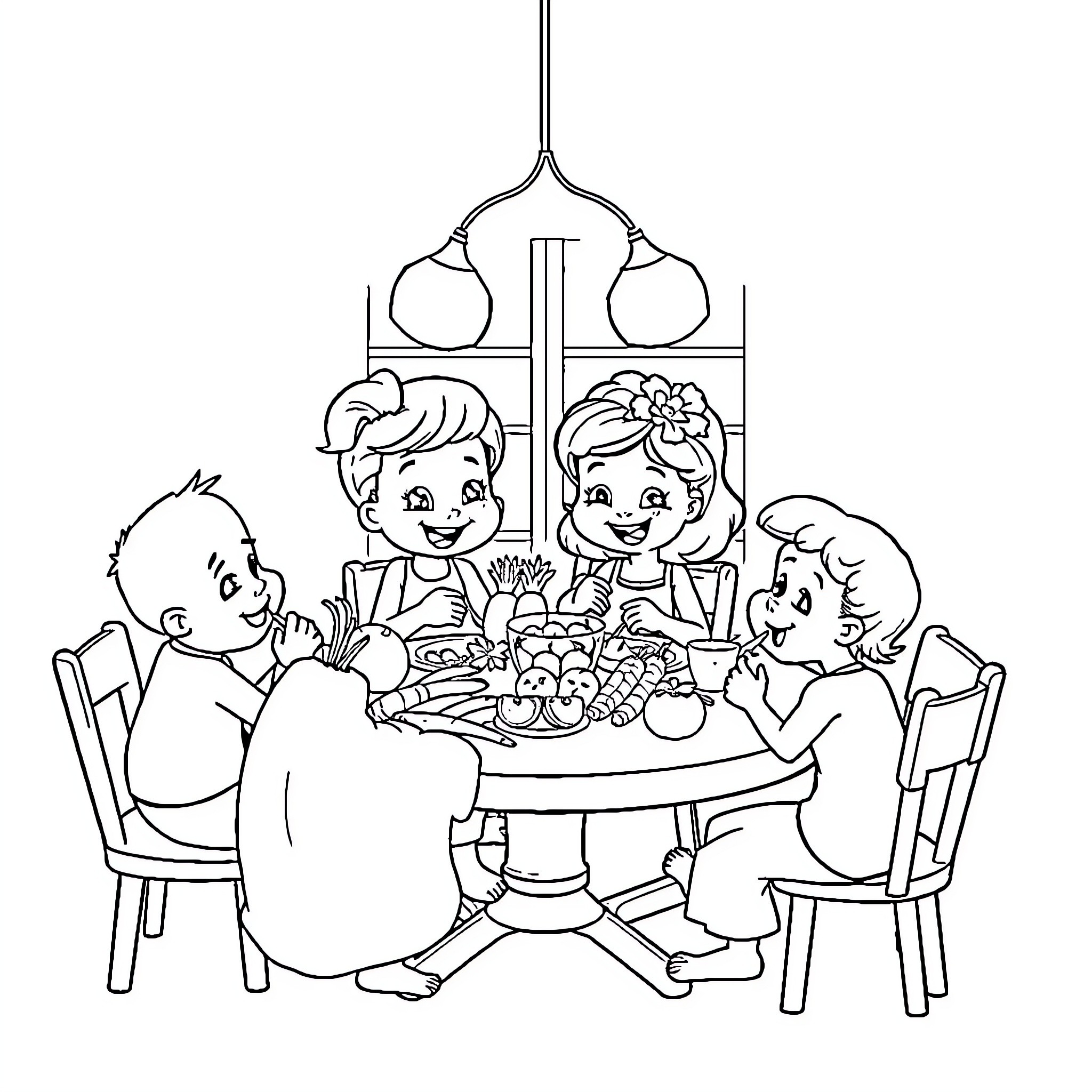 Bluey's Family Enjoying a Meal Together Coloring Page (free black-and-white line drawing printable PDF for all, from beginners to advanced learners, including children, teens, adults, and seniors)