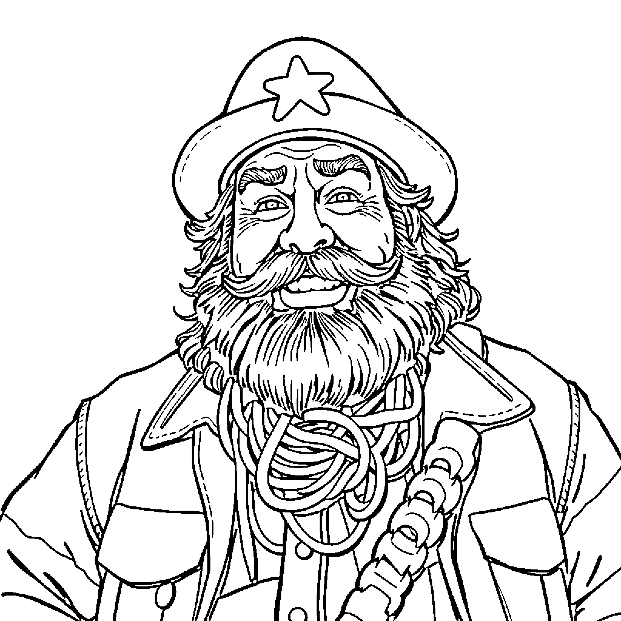 Captain Lou Albano in Pirate Attire Coloring Page (free black-and-white line drawing printable PDF for all, from beginners to advanced learners, including children, teens, adults, and seniors)