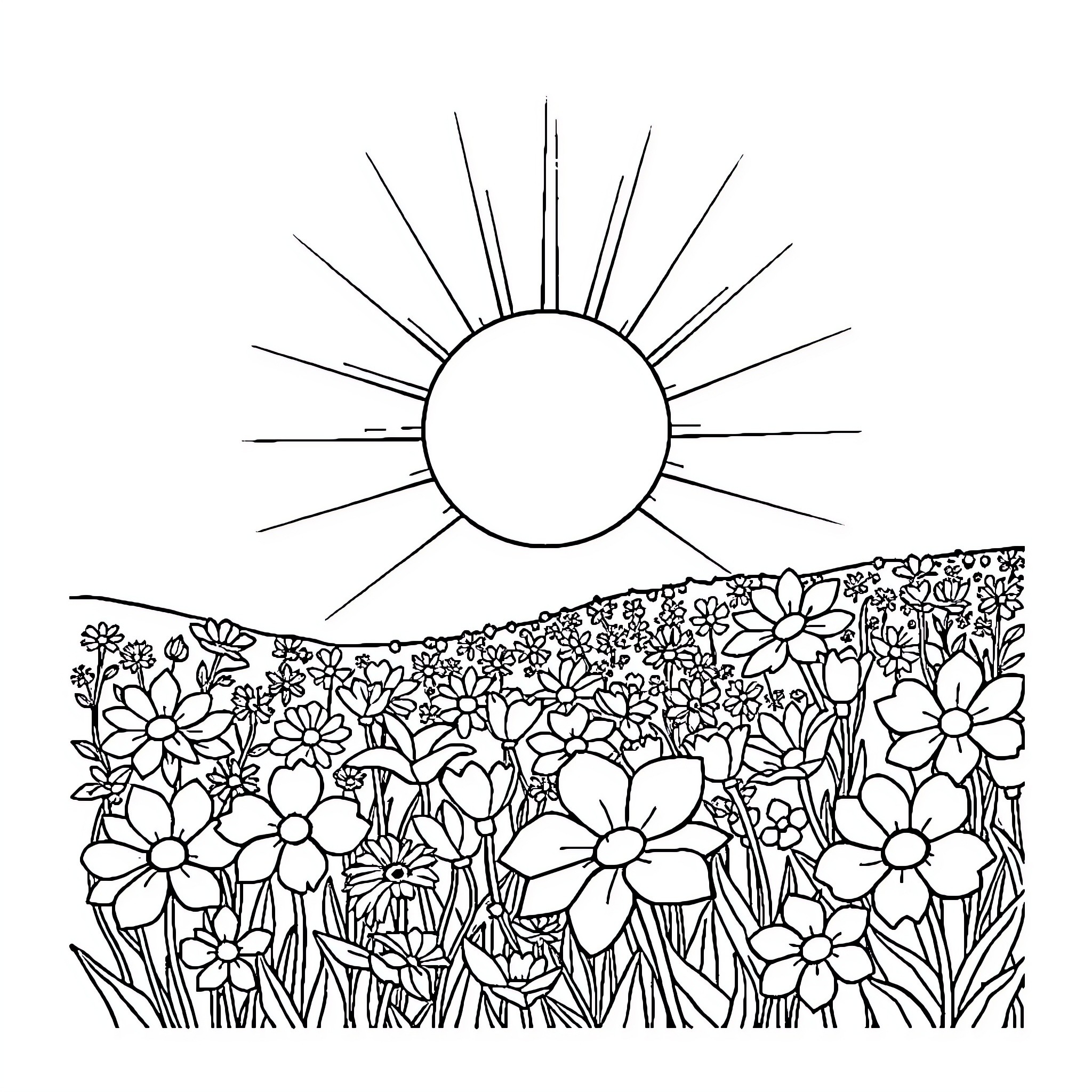 Sun shining over a field of flowers Coloring Page (free black-and-white line drawing printable PDF for all, from beginners to advanced learners, including children, teens, adults, and seniors)