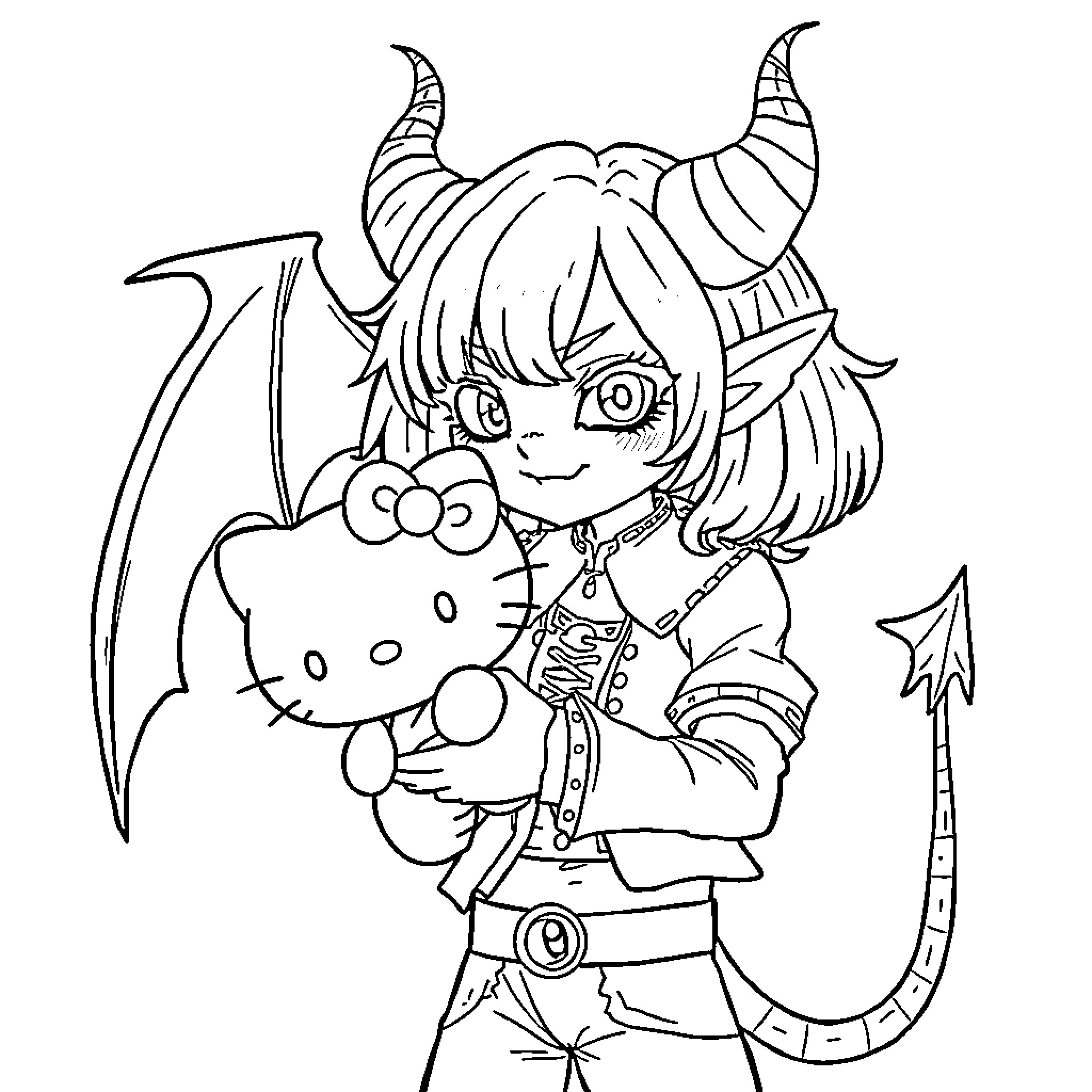 Kpop Demon Holding Hello Kitty Doll Coloring Page (free black-and-white line drawing printable PDF for all, from beginners to advanced learners, including children, teens, adults, and seniors)