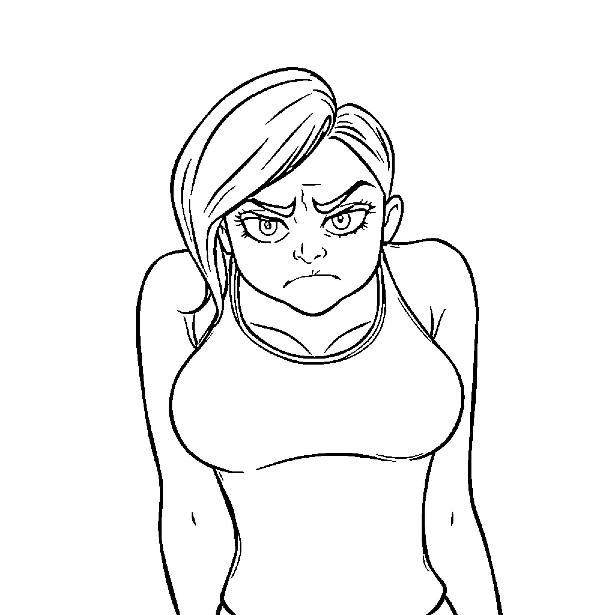 Woman with a stern expression Coloring Page (free black-and-white line drawing printable PDF for all, from beginners to advanced learners, including children, teens, adults, and seniors)