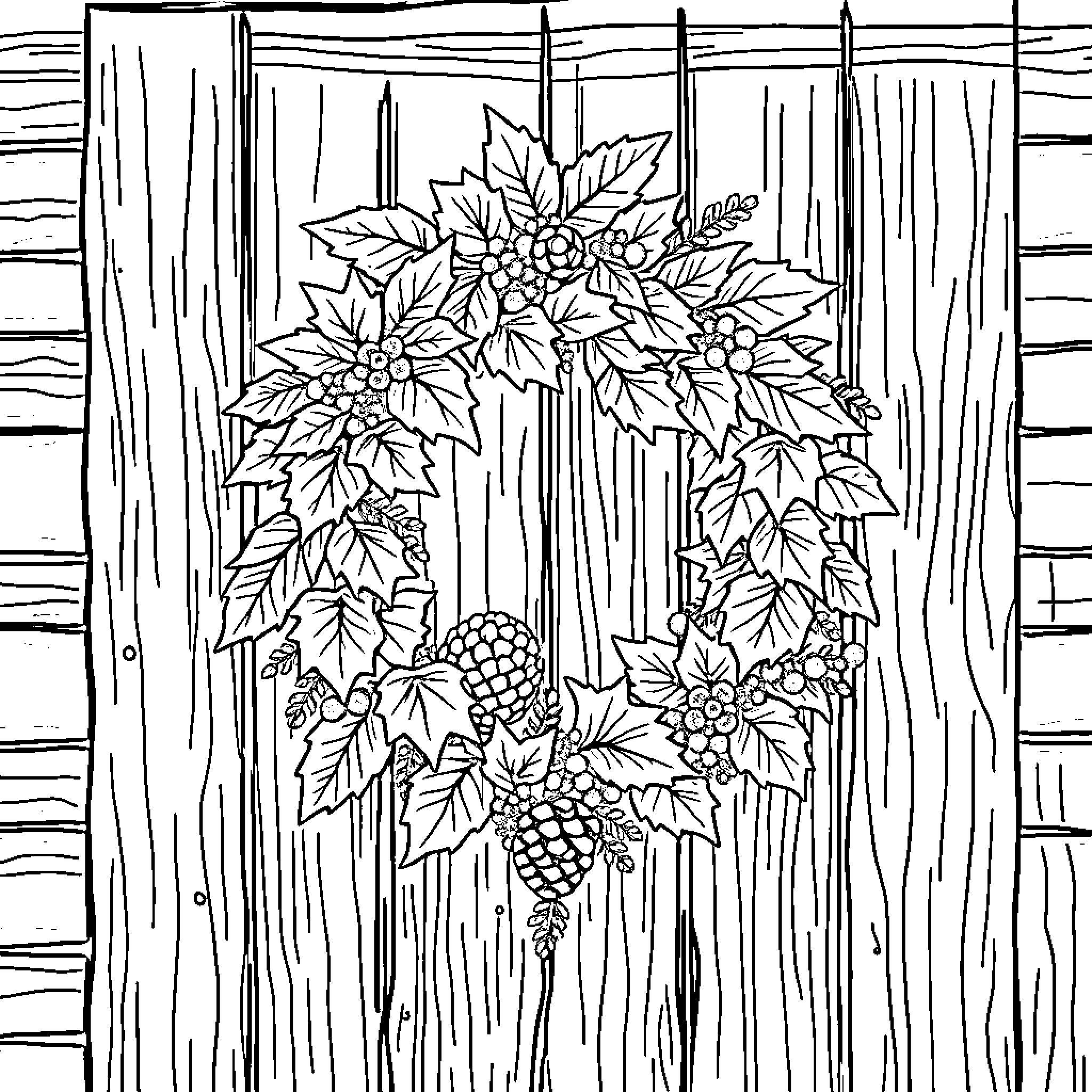 Wreath of autumn leaves and berries Coloring Page (free black-and-white line drawing printable PDF for all, from beginners to advanced learners, including children, teens, adults, and seniors)
