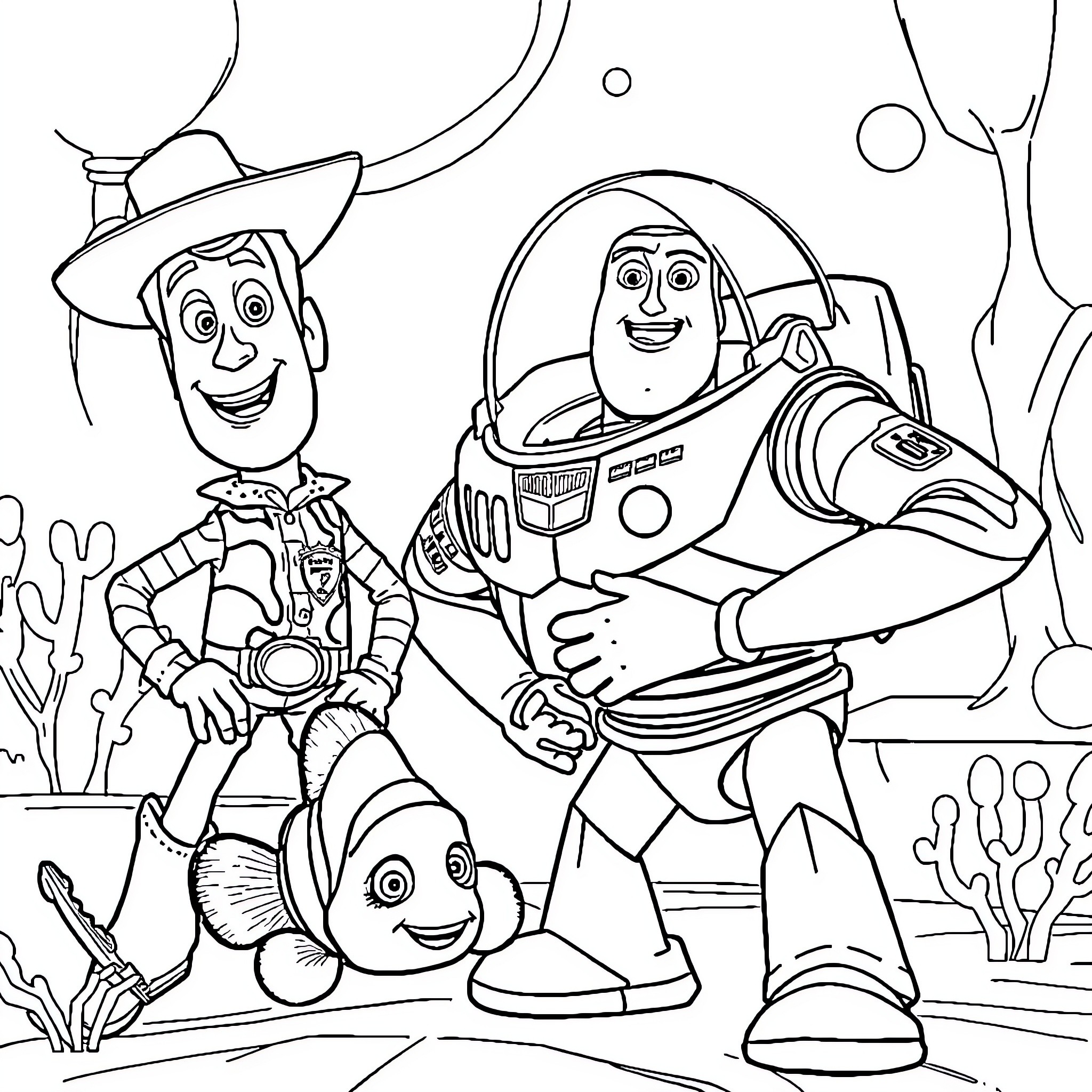 Toy Story Buddy Cowboy and Space Ranger Adventure Coloring Page (free black-and-white line drawing printable PDF for all, from beginners to advanced learners, including children, teens, adults, and seniors)