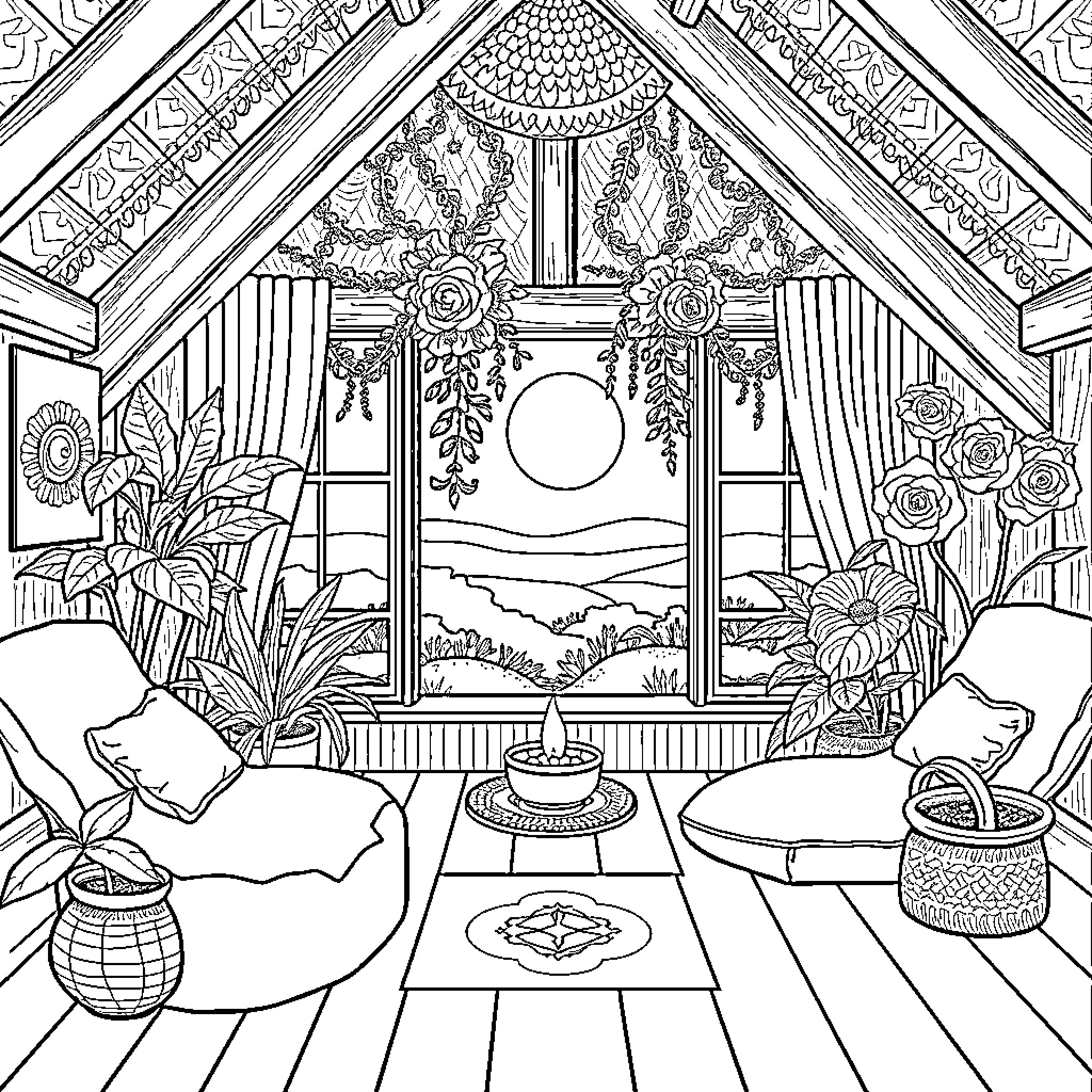 Headspace of a Cozy Cabin Retreat Coloring Page (free black-and-white line drawing printable PDF for all, from beginners to advanced learners, including children, teens, adults, and seniors)