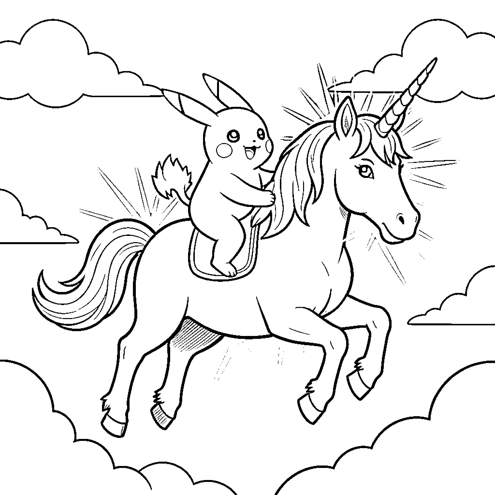 Pikachu riding a unicorn in the clouds Coloring Page (free black-and-white line drawing printable PDF for all, from beginners to advanced learners, including children, teens, adults, and seniors)