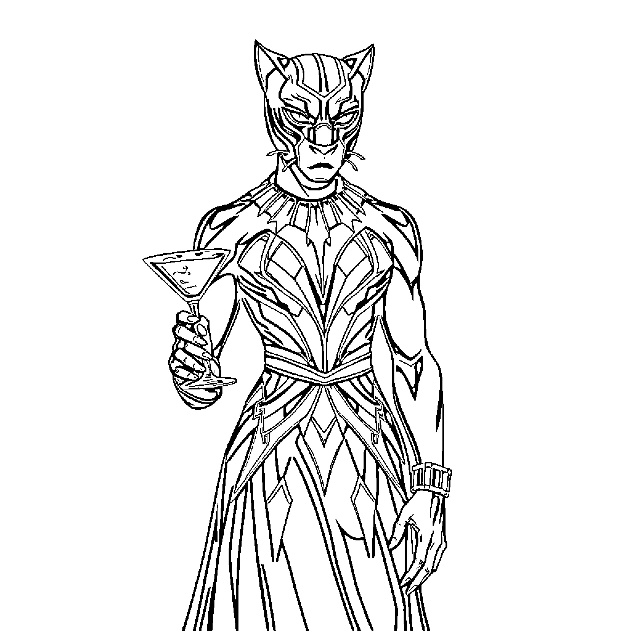 Black Panther holding a drink in ceremonial outfit Coloring Page (free black-and-white line drawing printable PDF for all, from beginners to advanced learners, including children, teens, adults, and seniors)