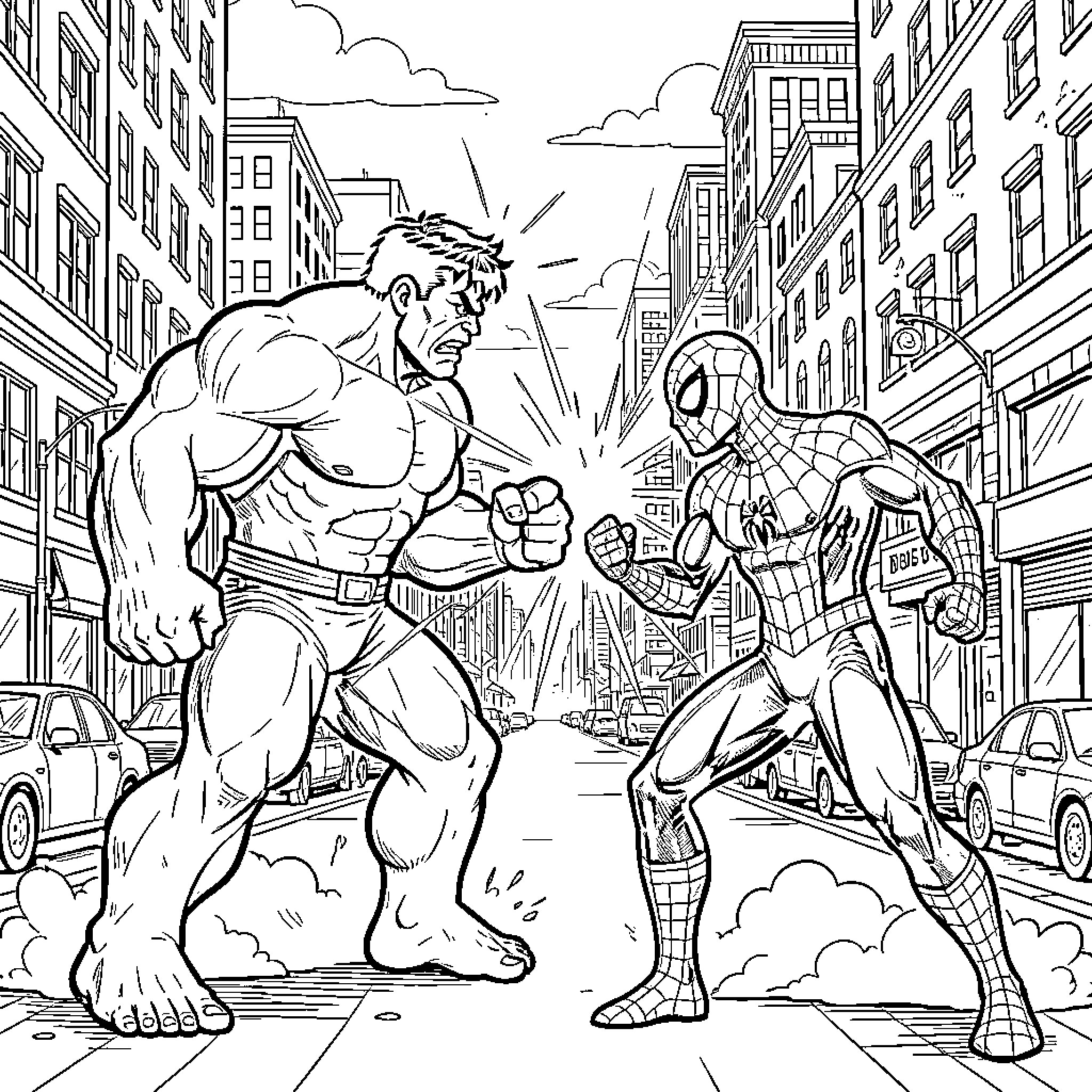 Hulk facing off against Spider-Man in a city street Coloring Page (free black-and-white line drawing printable PDF for all, from beginners to advanced learners, including children, teens, adults, and seniors)