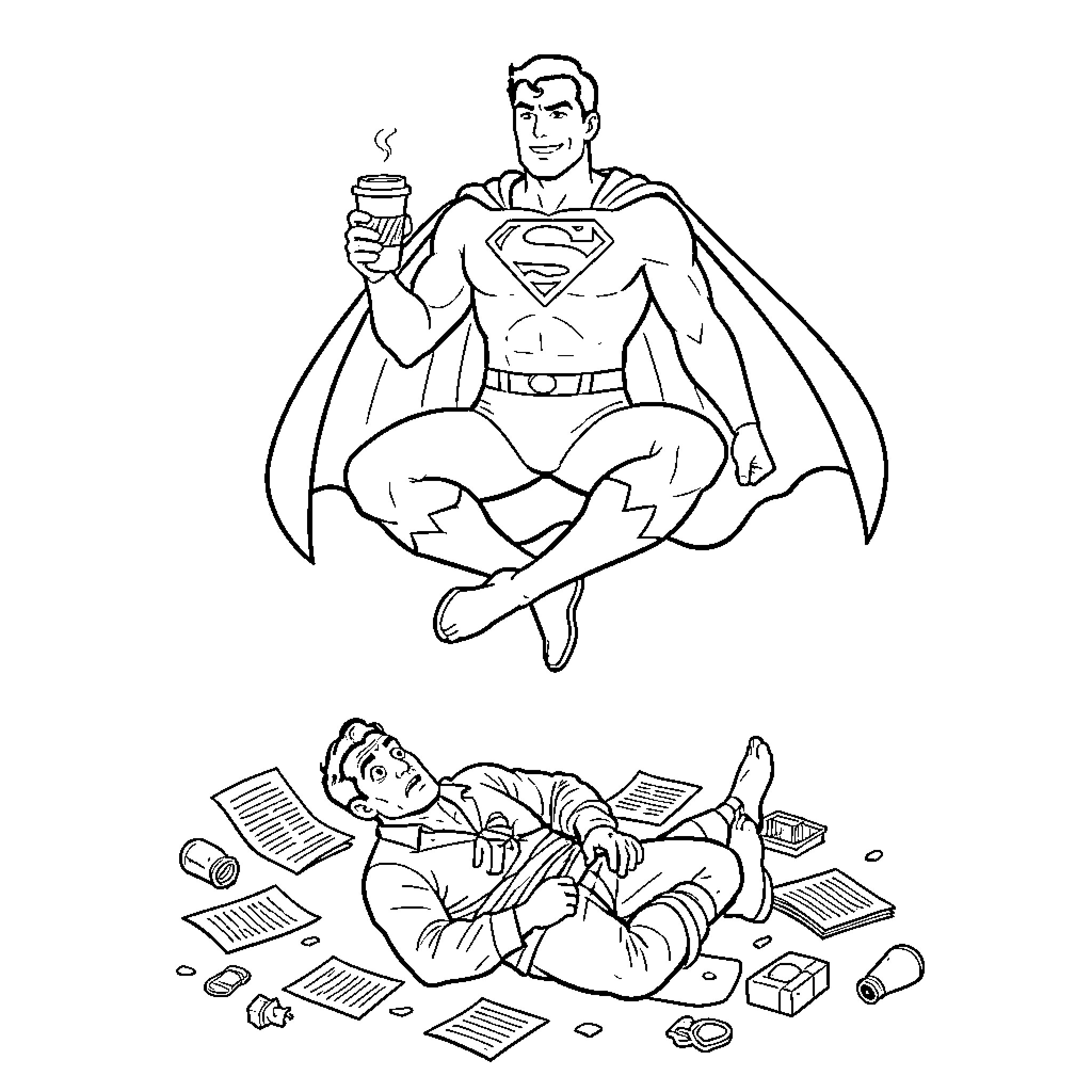 Superman taking a break and enjoying a hot beverage Coloring Page (free black-and-white line drawing printable PDF for all, from beginners to advanced learners, including children, teens, adults, and seniors)
