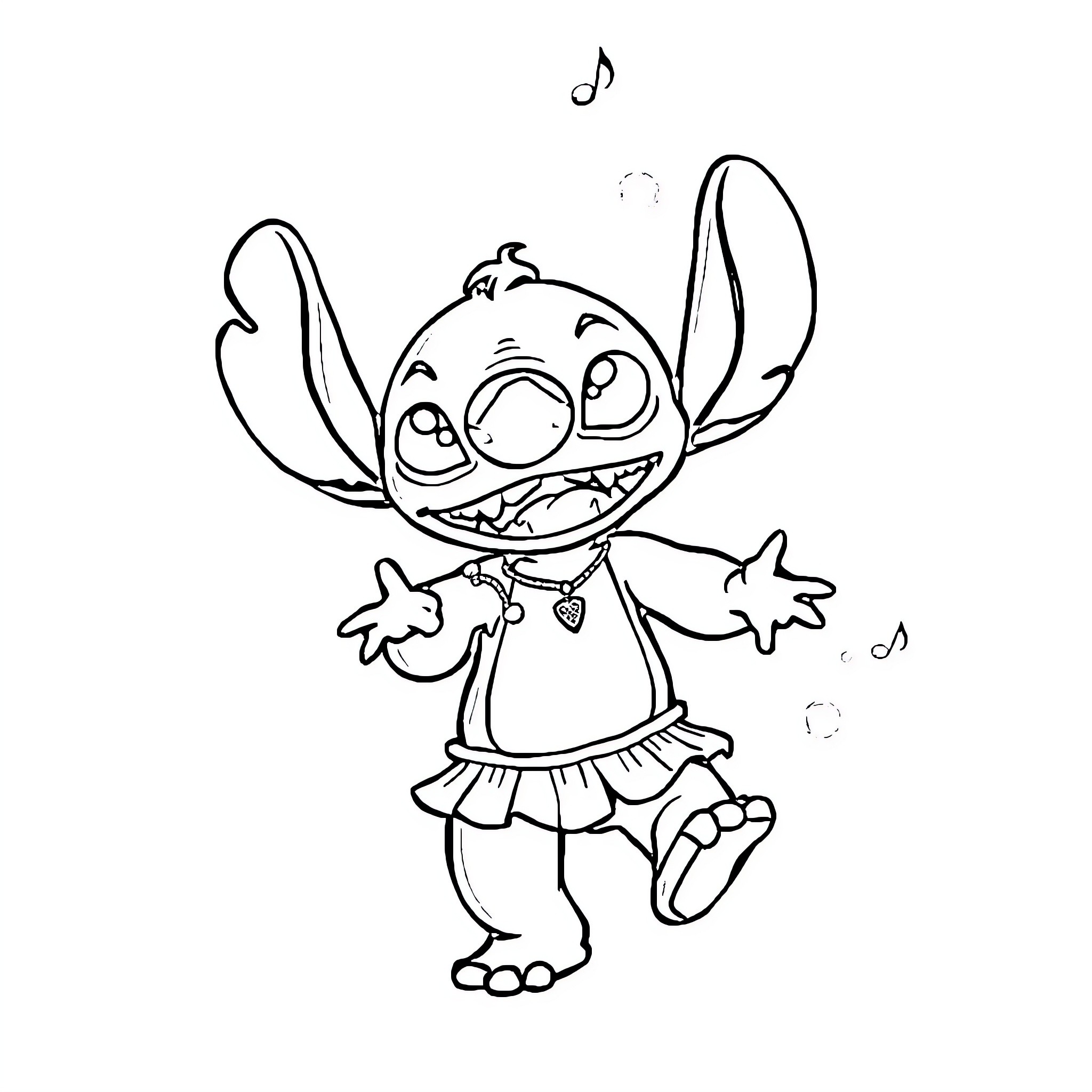 Stitch singing and dancing joyfully Coloring Page (free black-and-white line drawing printable PDF for all, from beginners to advanced learners, including children, teens, adults, and seniors)