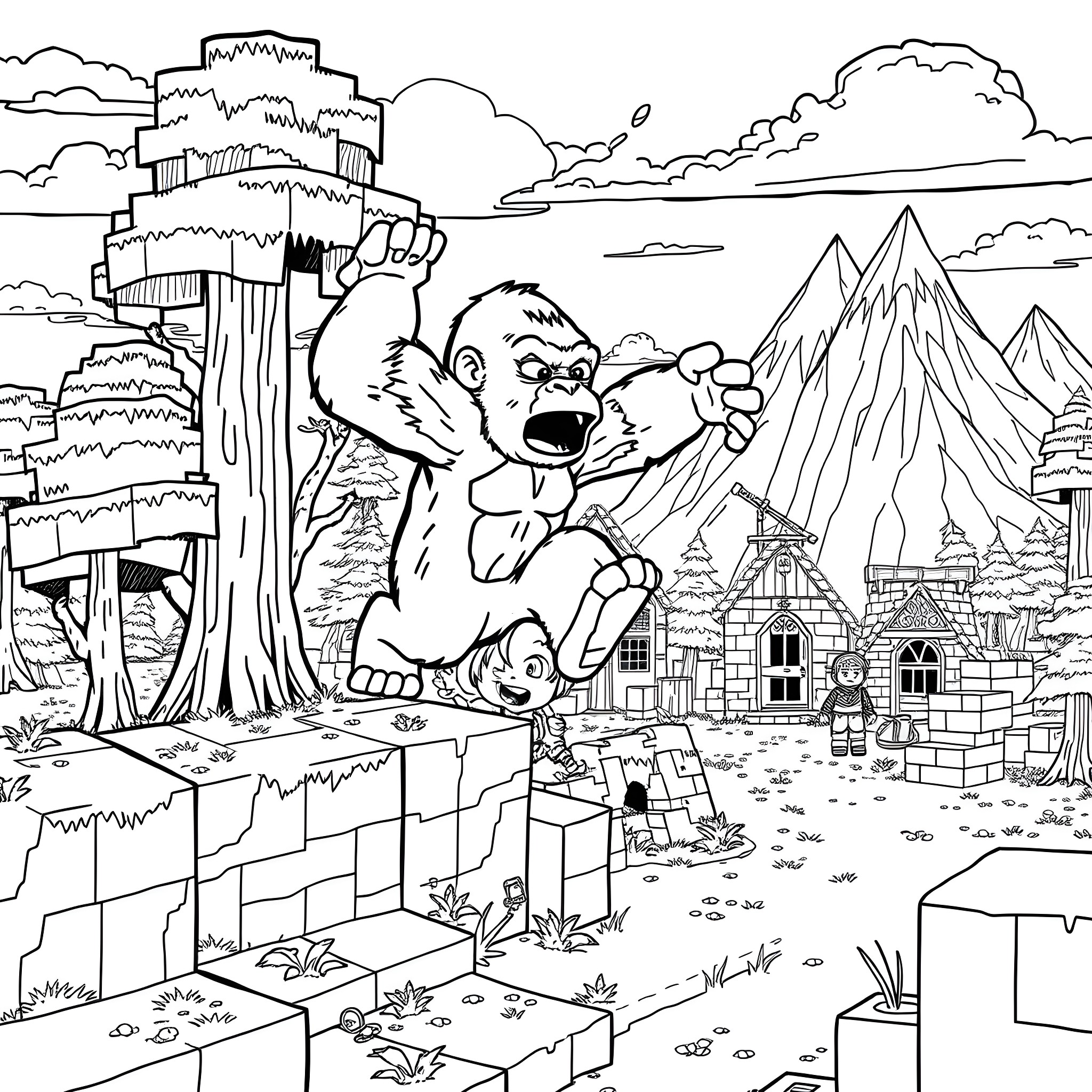 Gorilla roaring atop a rocky cliff overlooking a town Coloring Page (free black-and-white line drawing printable PDF for all, from beginners to advanced learners, including children, teens, adults, and seniors)