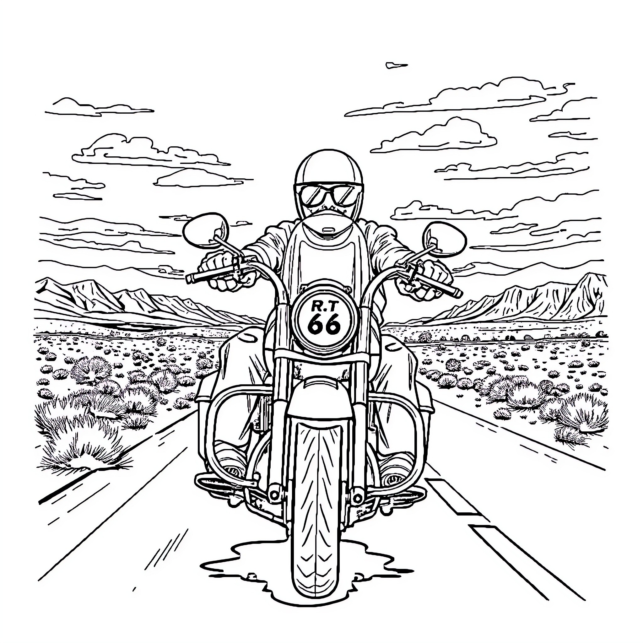 Shark rider speeds down the open road Coloring Page (free black-and-white line drawing printable PDF for all, from beginners to advanced learners, including children, teens, adults, and seniors)