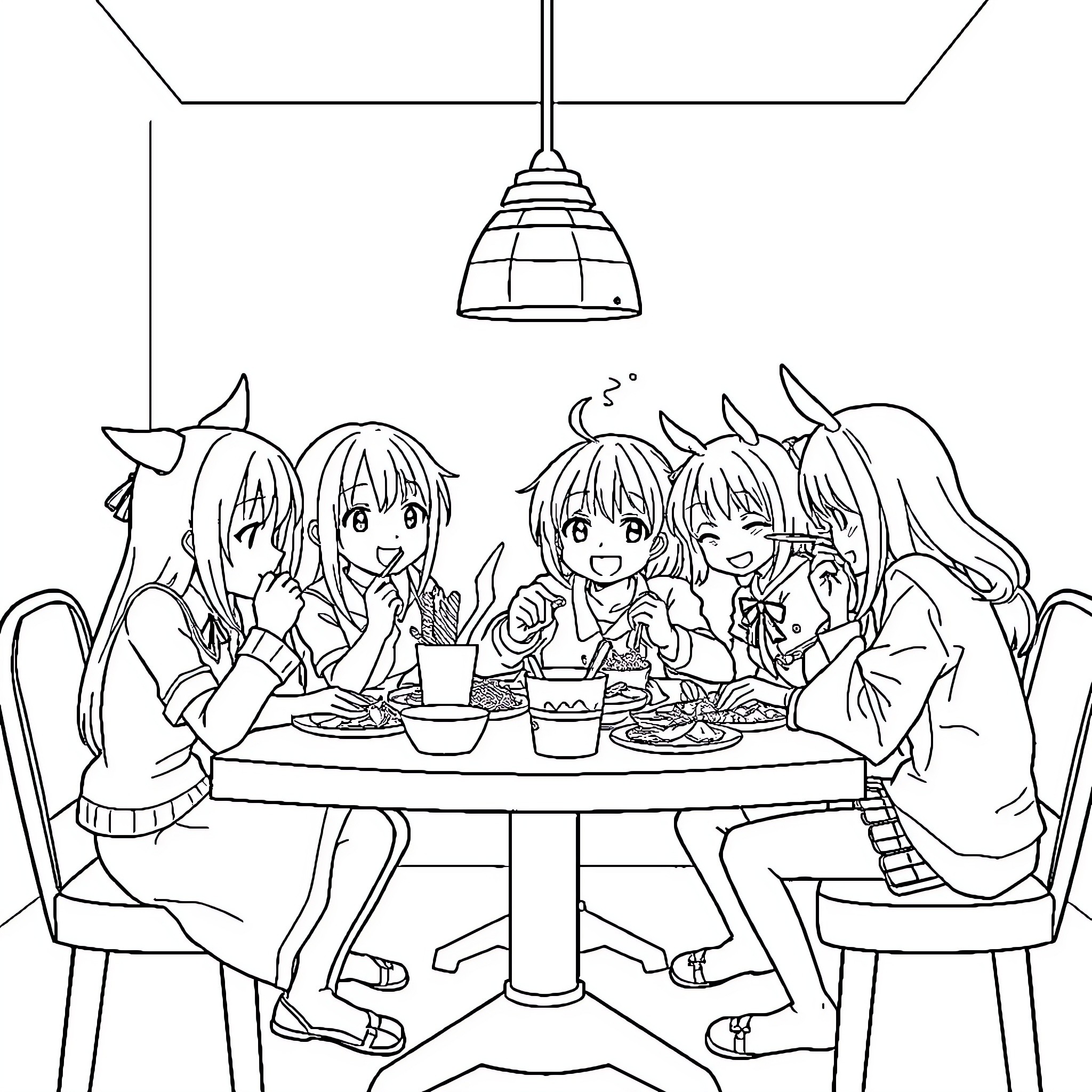 Anime friends having a casual meal together Coloring Page (free black-and-white line drawing printable PDF for all, from beginners to advanced learners, including children, teens, adults, and seniors)