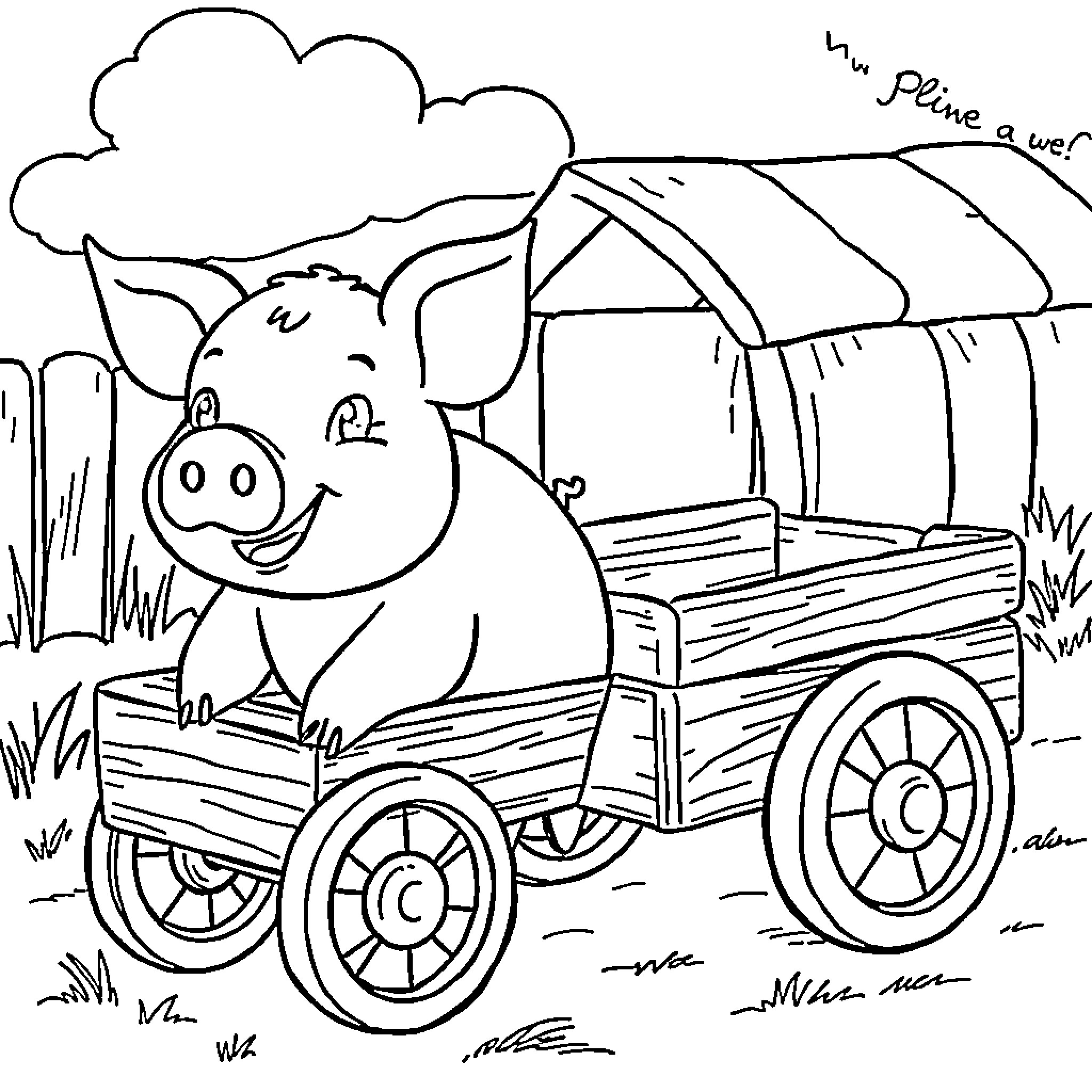 Pig playing in a wooden wagon on the farm Coloring Page (free black-and-white line drawing printable PDF for all, from beginners to advanced learners, including children, teens, adults, and seniors)