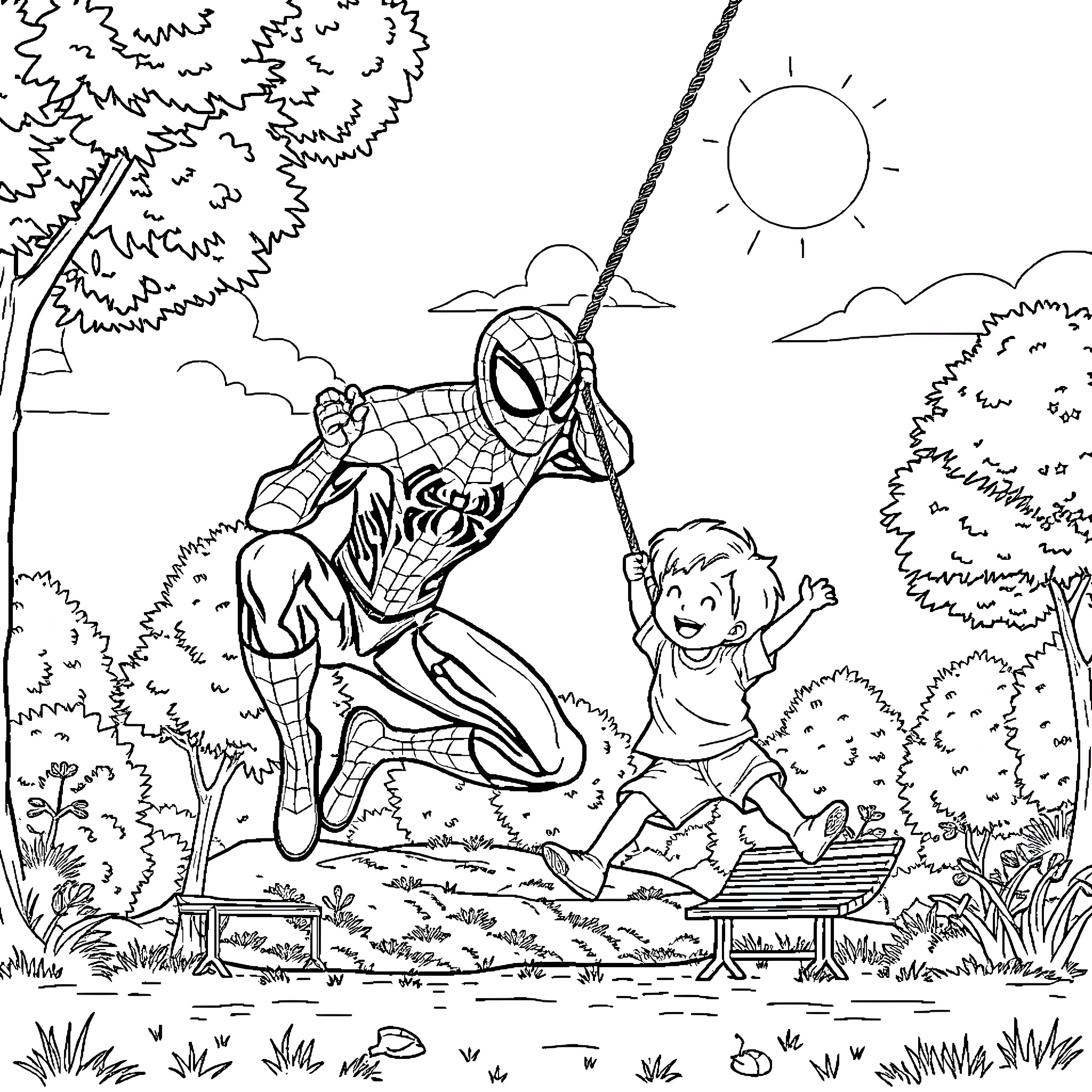 Spiderman swinging with a child in the park Coloring Page (free black-and-white line drawing printable PDF for all, from beginners to advanced learners, including children, teens, adults, and seniors)