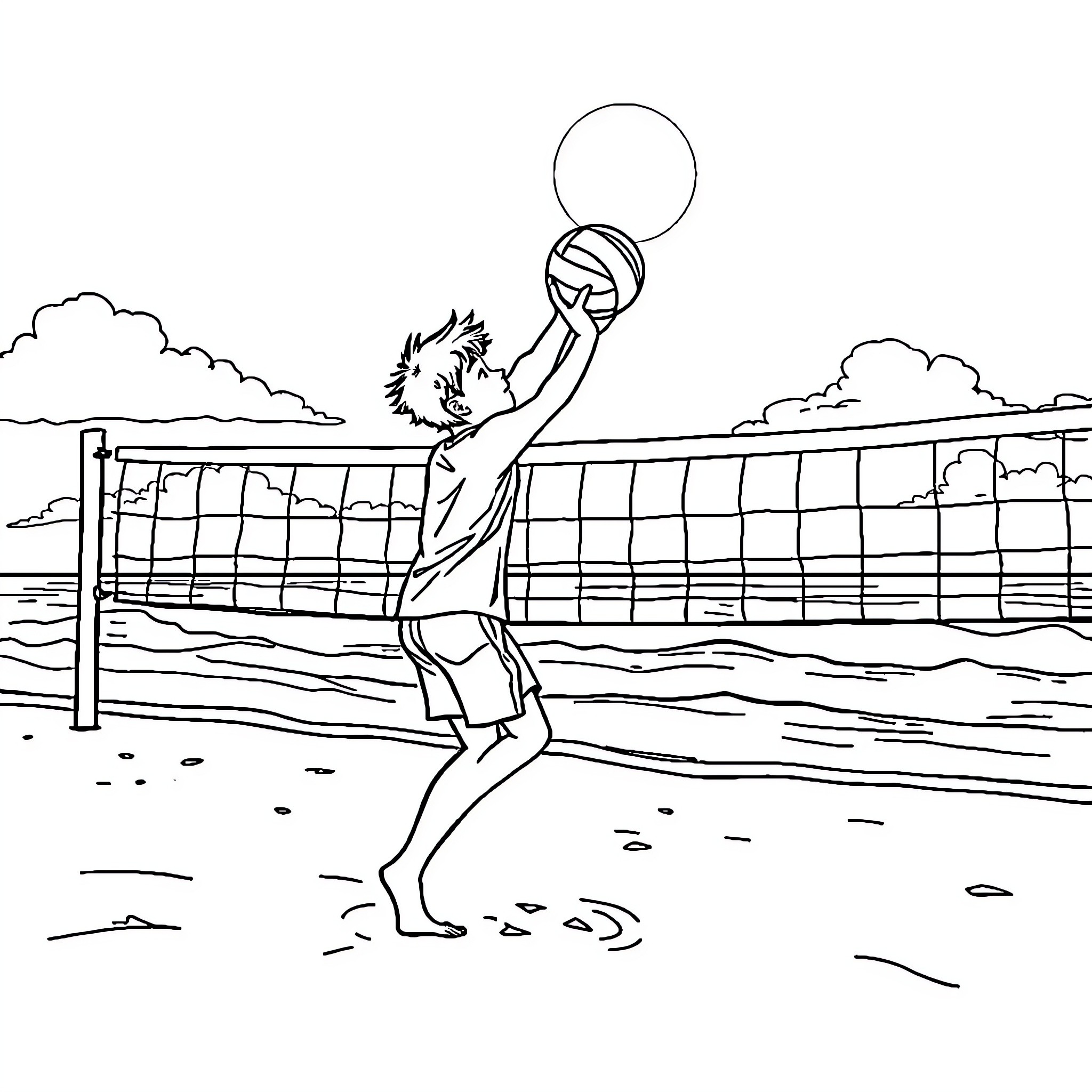 Teen playing volleyball on the beach Coloring Page (free black-and-white line drawing printable PDF for all, from beginners to advanced learners, including children, teens, adults, and seniors)