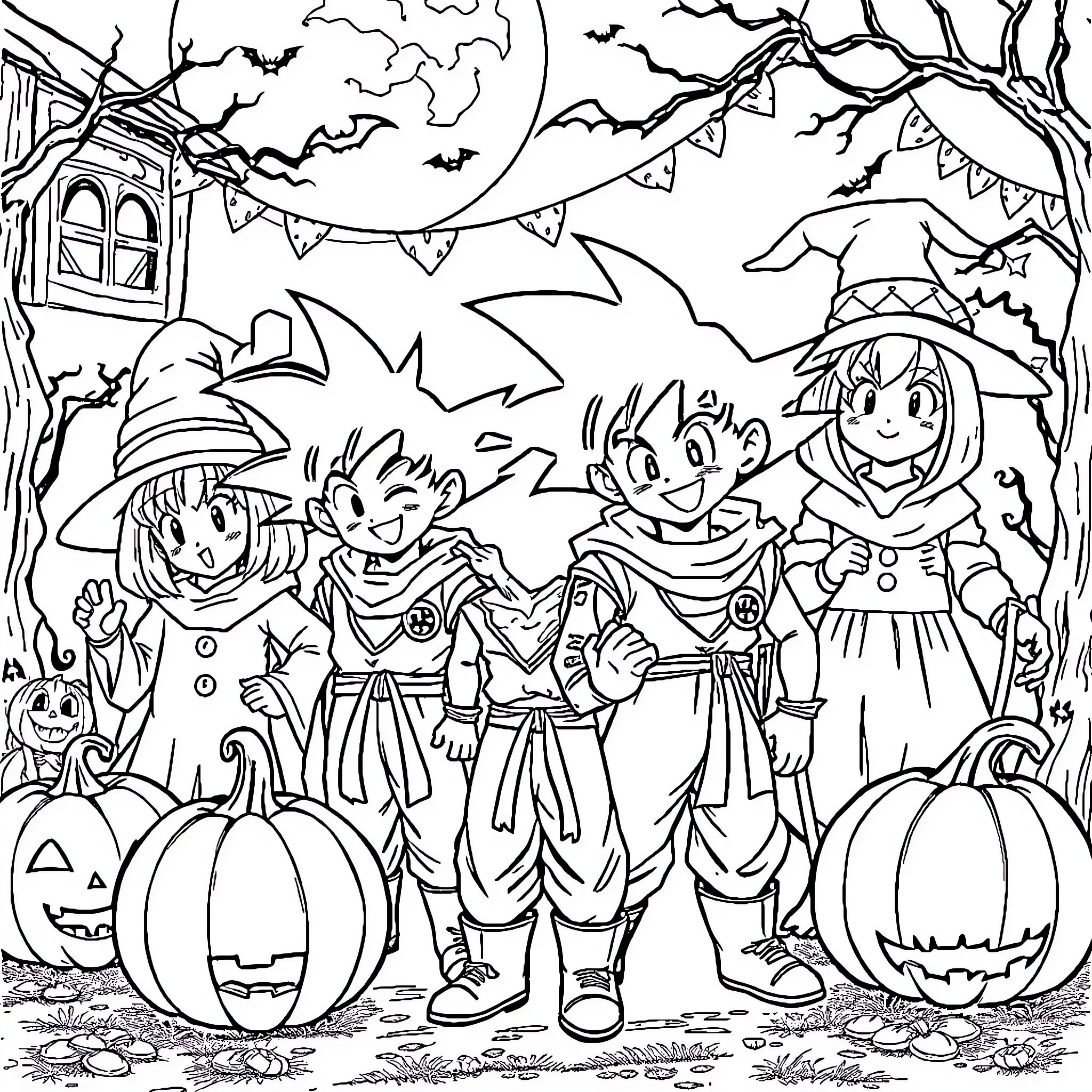 Dragon Ball Z characters in Halloween costumes Coloring Page (free black-and-white line drawing printable PDF for all, from beginners to advanced learners, including children, teens, adults, and seniors)
