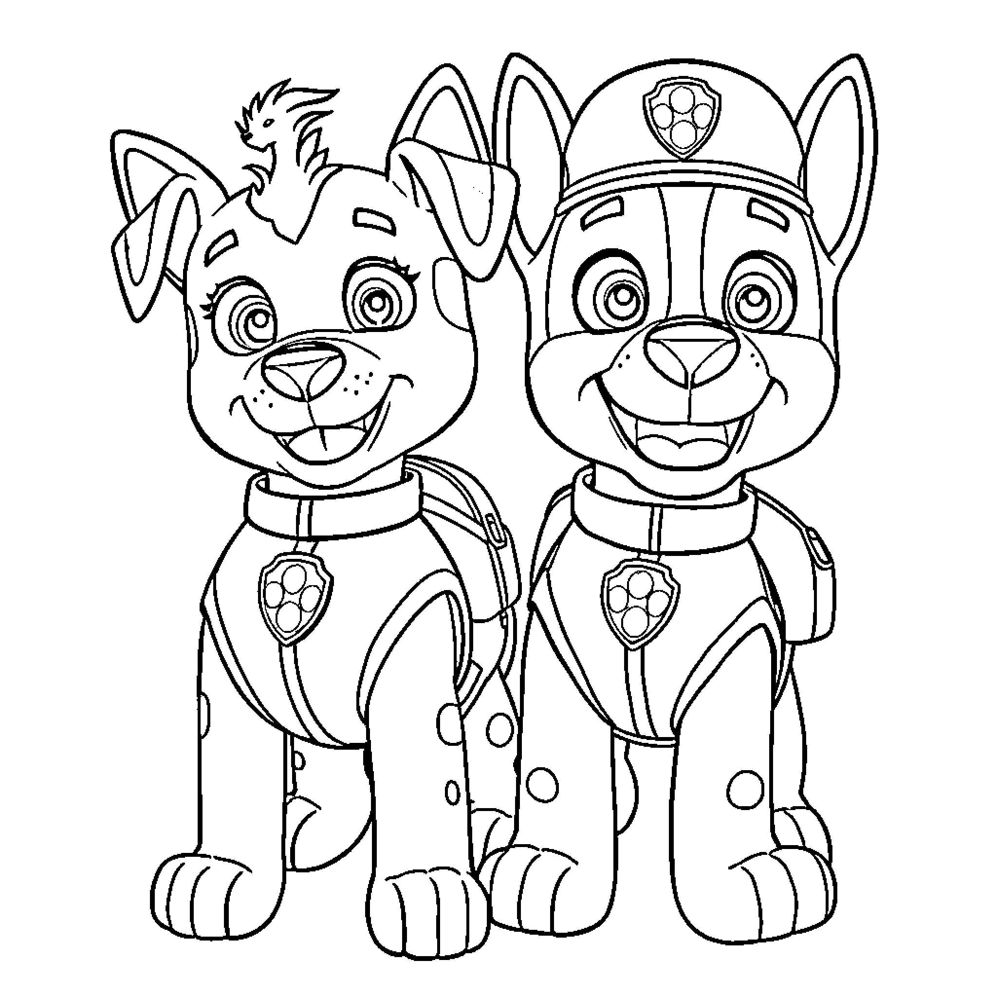 Dogs in Uniform Happily Posing Together Coloring Page (free black-and-white line drawing printable PDF for all, from beginners to advanced learners, including children, teens, adults, and seniors)