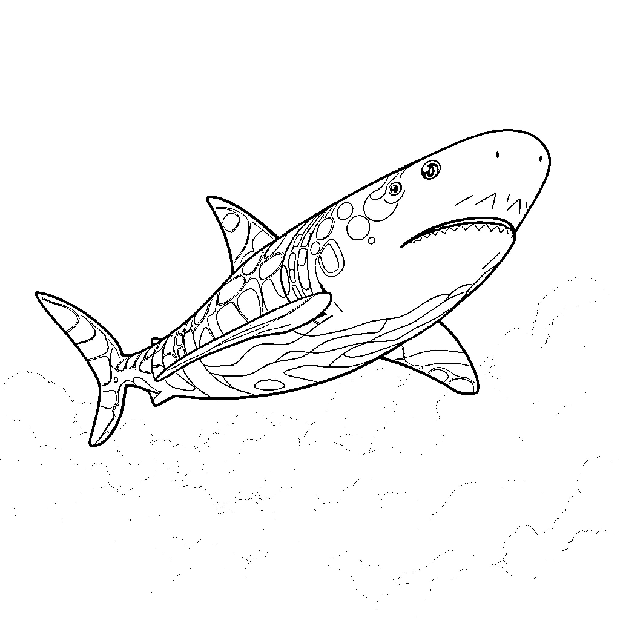 Whaleshark swimming in the ocean Coloring Page (free black-and-white line drawing printable PDF for all, from beginners to advanced learners, including children, teens, adults, and seniors)
