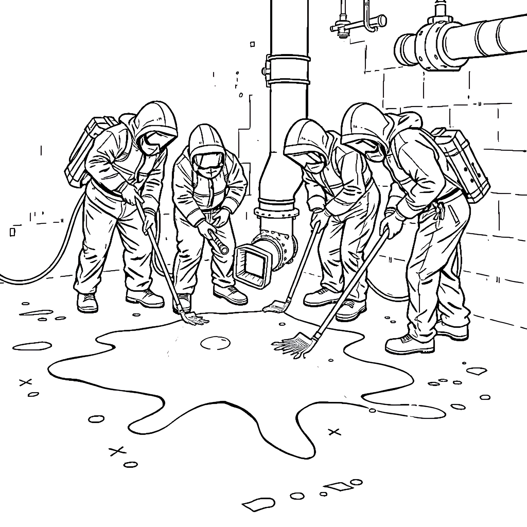 Hazmat Suit Crew Working Together on Emergency Cleanup Coloring Page (free black-and-white line drawing printable PDF for all, from beginners to advanced learners, including children, teens, adults, and seniors)