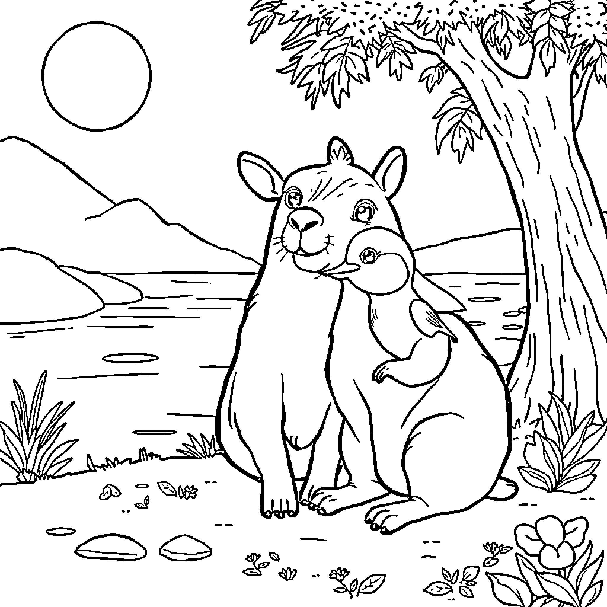 Capybara relaxing in a peaceful natural setting Coloring Page (free black-and-white line drawing printable PDF for all, from beginners to advanced learners, including children, teens, adults, and seniors)