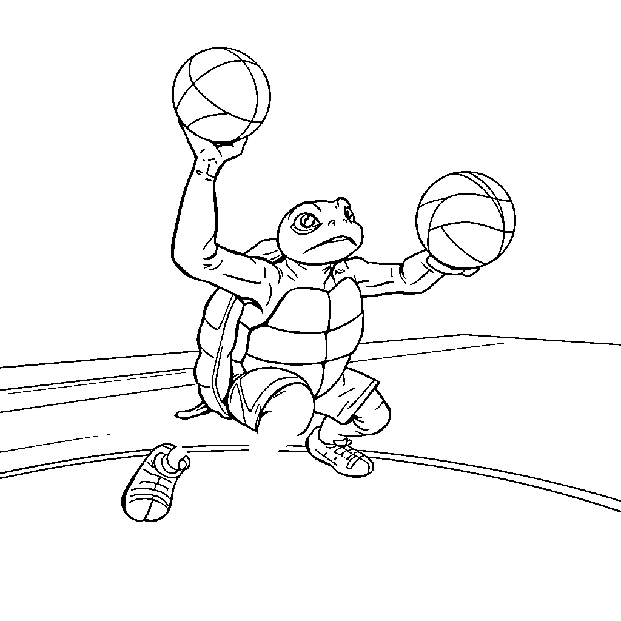 Turtle playing basketball on court Coloring Page (free black-and-white line drawing printable PDF for all, from beginners to advanced learners, including children, teens, adults, and seniors)