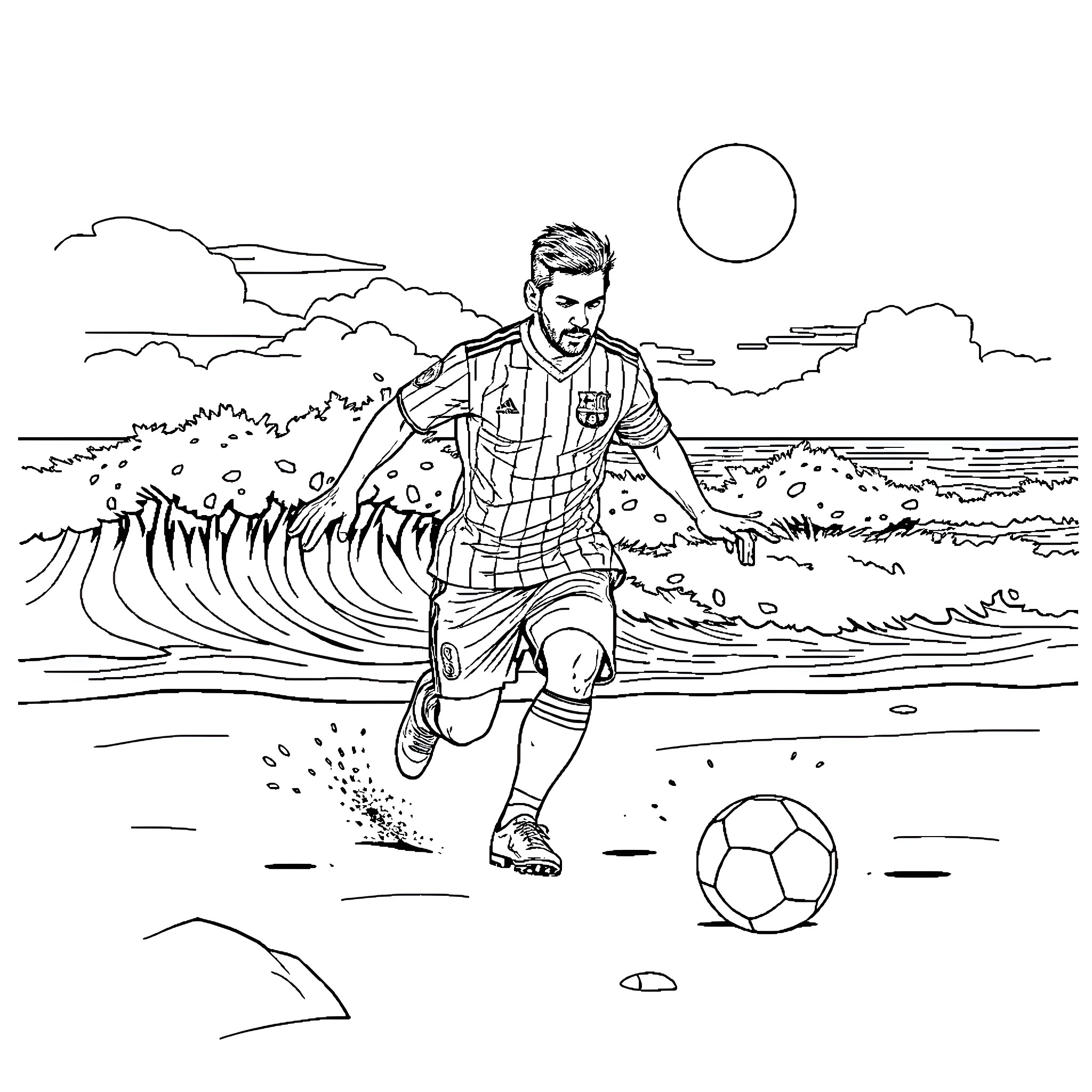 Lionel Messi playing soccer on the beach Coloring Page (free black-and-white line drawing printable PDF for all, from beginners to advanced learners, including children, teens, adults, and seniors)
