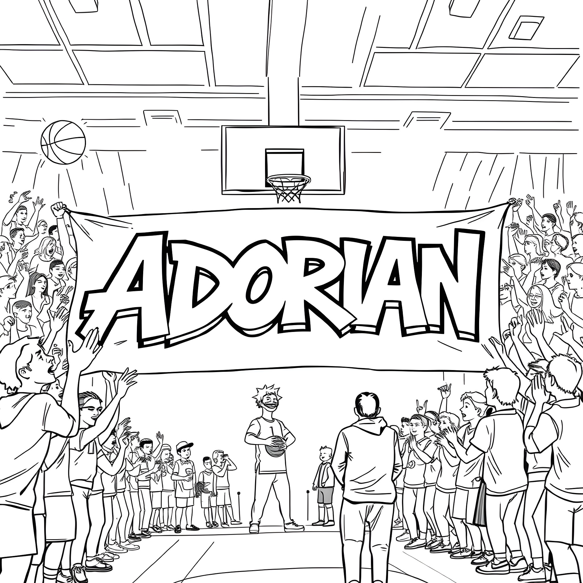 Adorian basketball game in the gymnasium Coloring Page (free black-and-white line drawing printable PDF for all, from beginners to advanced learners, including children, teens, adults, and seniors)