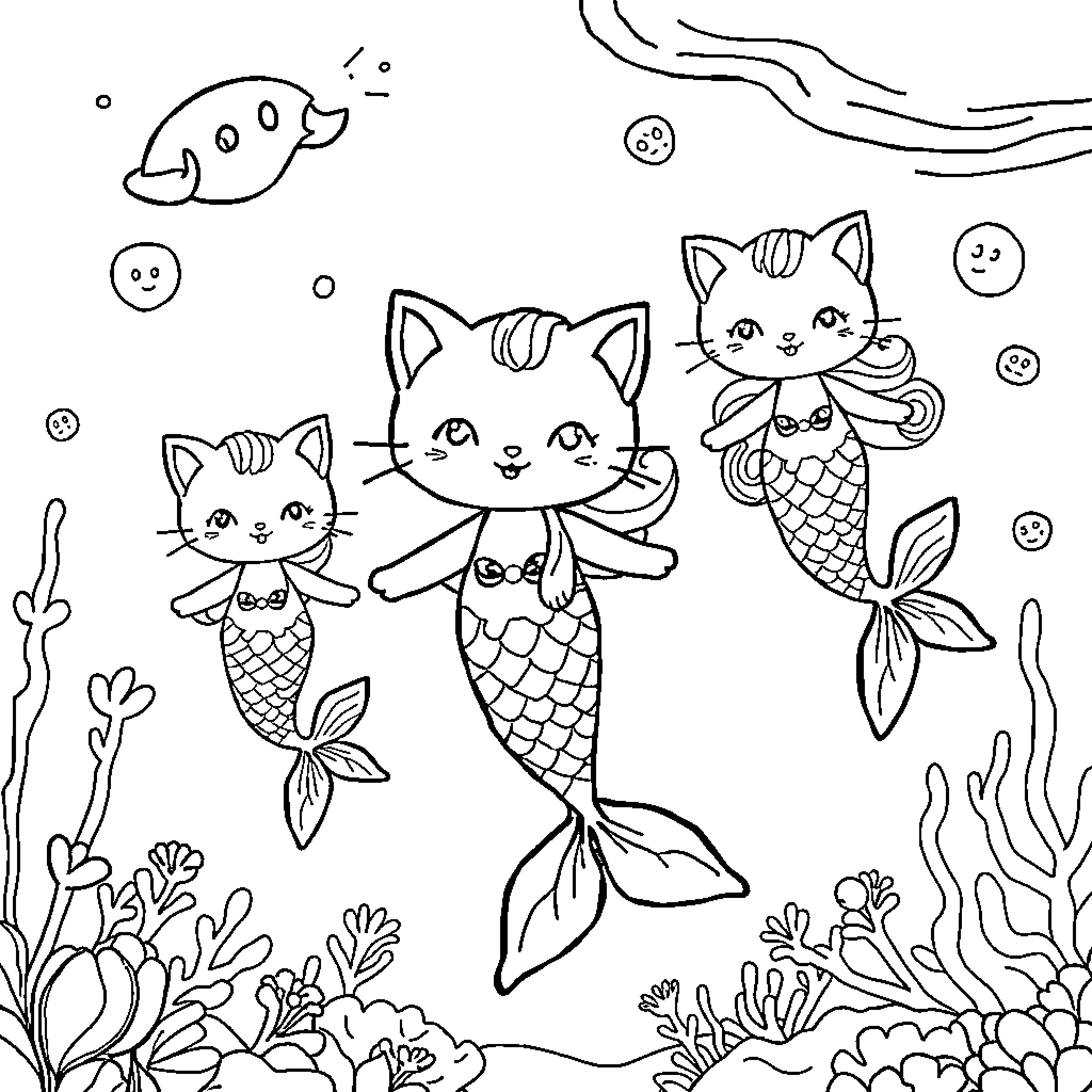 Kitty Mermaids Exploring the Underwater World Coloring Page (free black-and-white line drawing printable PDF for all, from beginners to advanced learners, including children, teens, adults, and seniors)